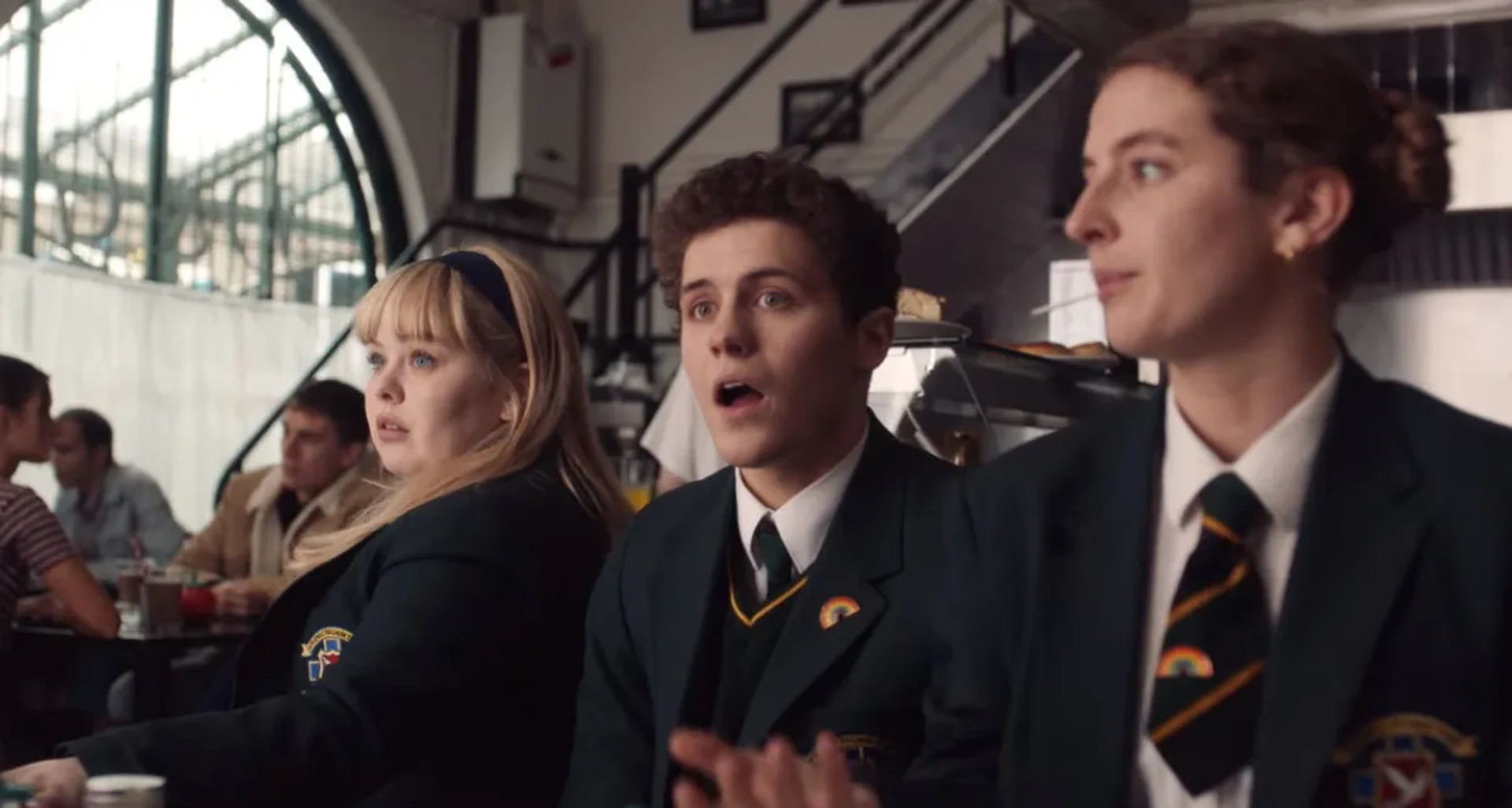 Nicola Coughlan, Dylan Llewellyn, and Louisa Harland in Derry Girls (2018)