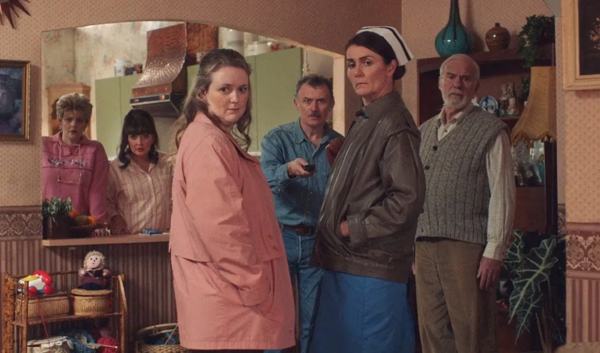 Kathy Kiera Clarke, Amelia Crowley, Ian McElhinney, Tara Lynne O'Neill, Tommy Tiernan, and Philippa Dunne in Derry Girls (2018)