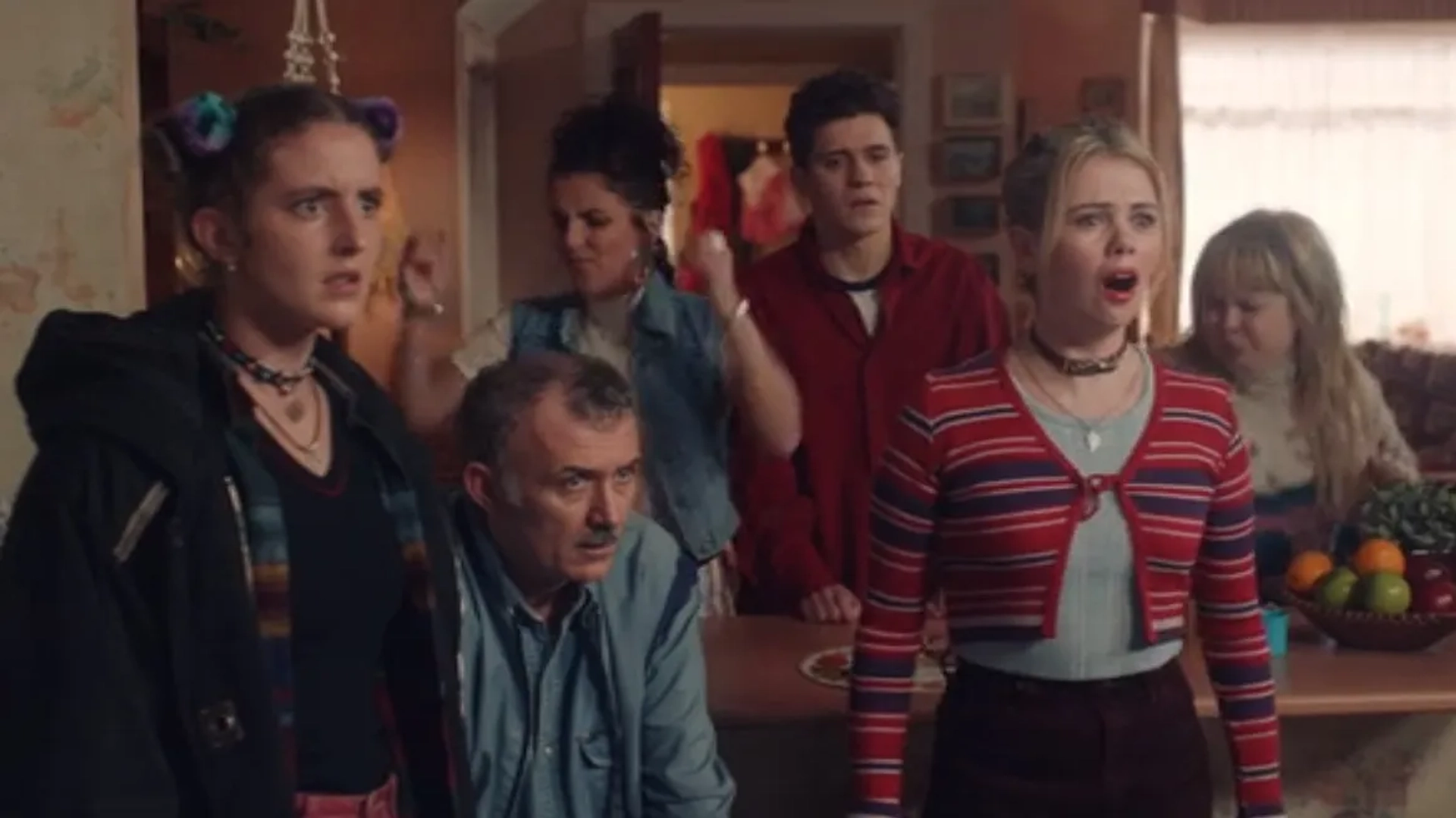 Tommy Tiernan, Nicola Coughlan, Dylan Llewellyn, Jamie-Lee O'Donnell, and Saoirse-Monica Jackson in Derry Girls (2018)