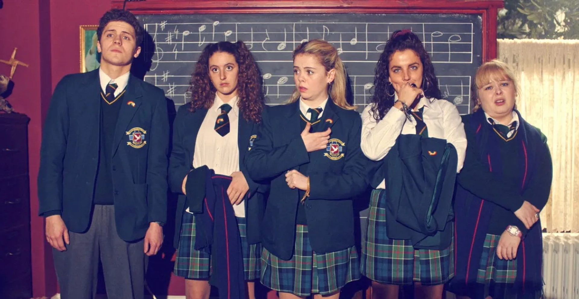 Nicola Coughlan, Dylan Llewellyn, Louisa Harland, Jamie-Lee O'Donnell, and Saoirse-Monica Jackson in Derry Girls (2018)