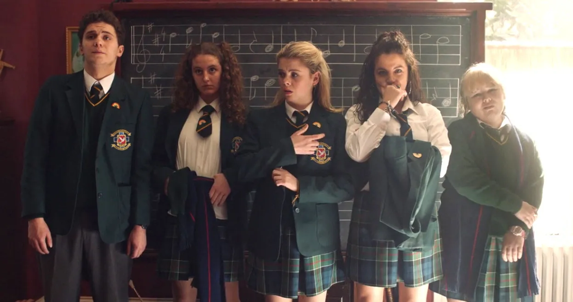 Nicola Coughlan, Dylan Llewellyn, Louisa Harland, Jamie-Lee O'Donnell, and Saoirse-Monica Jackson in Derry Girls (2018)