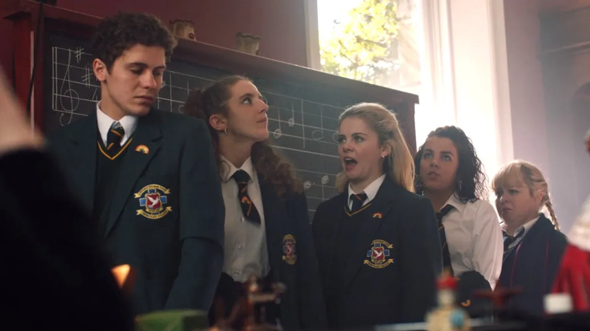 Nicola Coughlan, Dylan Llewellyn, Louisa Harland, Jamie-Lee O'Donnell, and Saoirse-Monica Jackson in Derry Girls (2018)