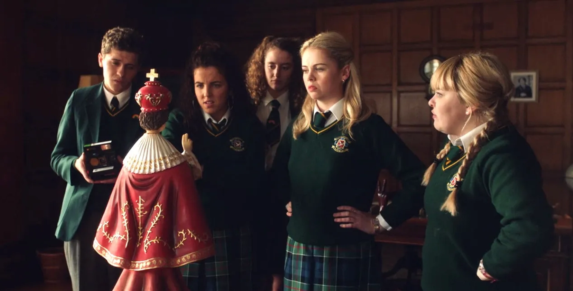 Nicola Coughlan, Dylan Llewellyn, Louisa Harland, Jamie-Lee O'Donnell, and Saoirse-Monica Jackson in Derry Girls (2018)