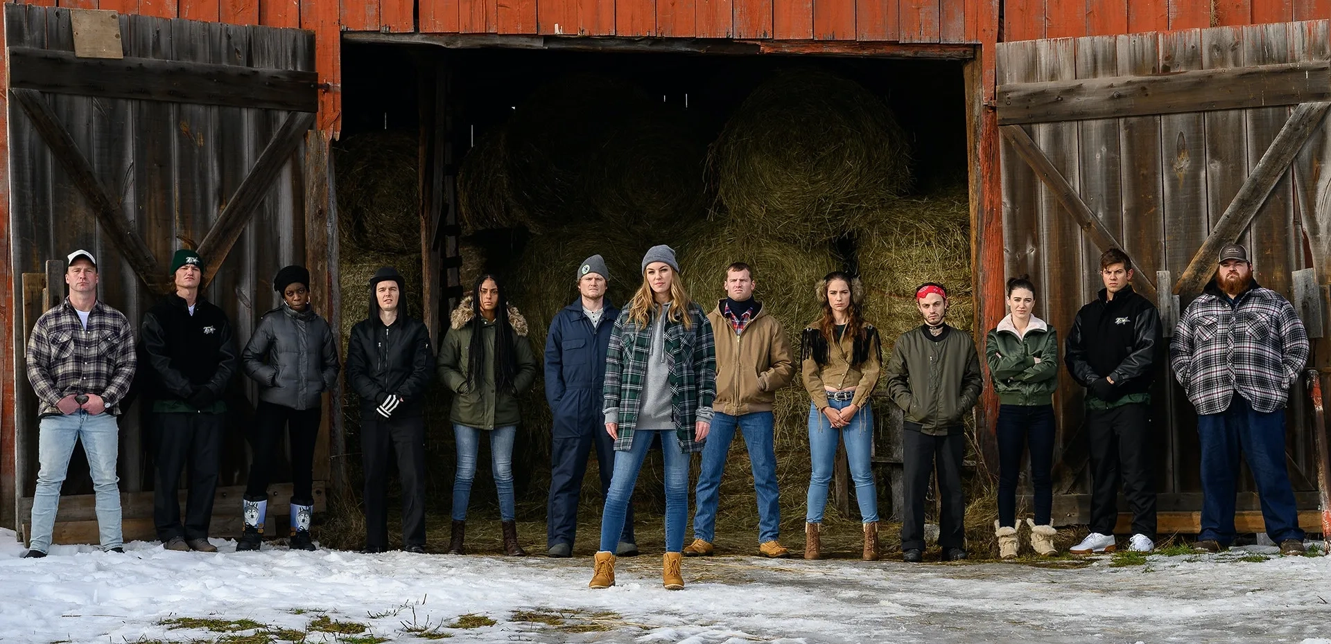 Dan Petronijevic, Melanie Scrofano, K. Trevor Wilson, Jared Keeso, Tyler Johnston, Nathan Dales, Andrew Herr, Dylan Playfair, Clark Backo, Evan Stern, Michelle Mylett, Lisa Codrington, and Kamilla Kowal in Letterkenny: American Buck and Doe (2020)