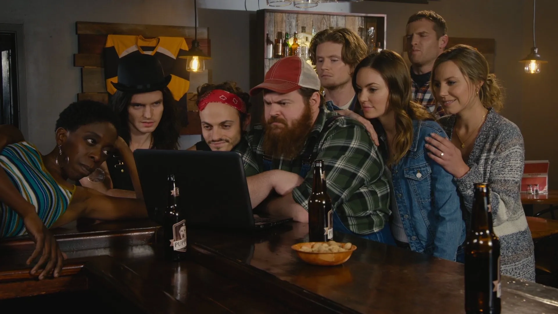 K. Trevor Wilson, Jared Keeso, Tyler Johnston, Magalie Lépine Blondeau, Nathan Dales, Evan Stern, Michelle Mylett, and Lisa Codrington in Letterkenny: Nut (2019)