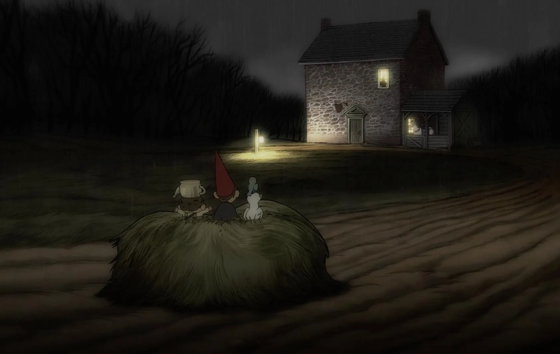 Elijah Wood, Melanie Lynskey, and Collin Dean in Over the Garden Wall (2014)