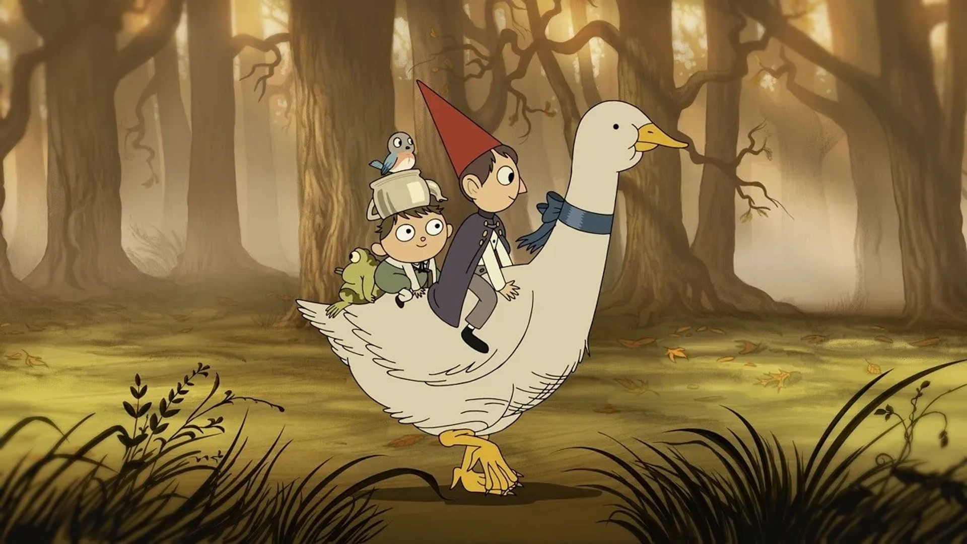 Elijah Wood, Melanie Lynskey, and Collin Dean in Over the Garden Wall (2014)