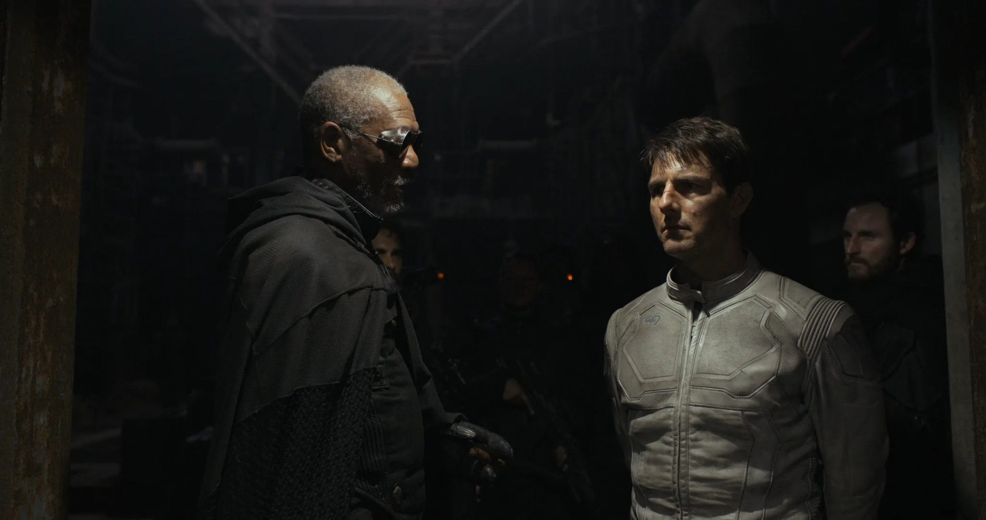 Tom Cruise, Morgan Freeman, and Nikolaj Coster-Waldau in Oblivion (2013)