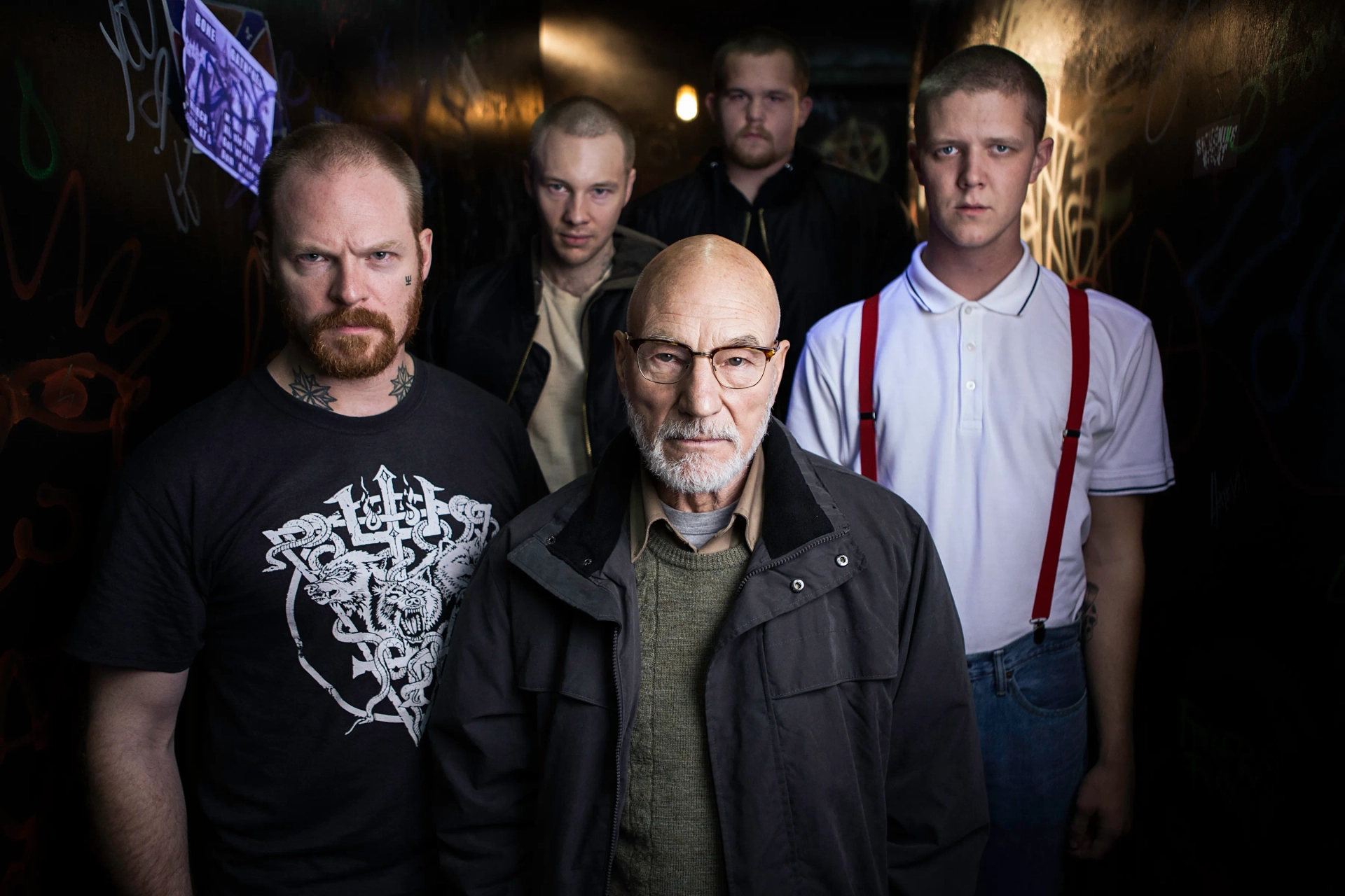 Patrick Stewart, Brent Werzner, Mason Knight, Samuel Summer, and Colton Ruscheinsky in Green Room (2015)