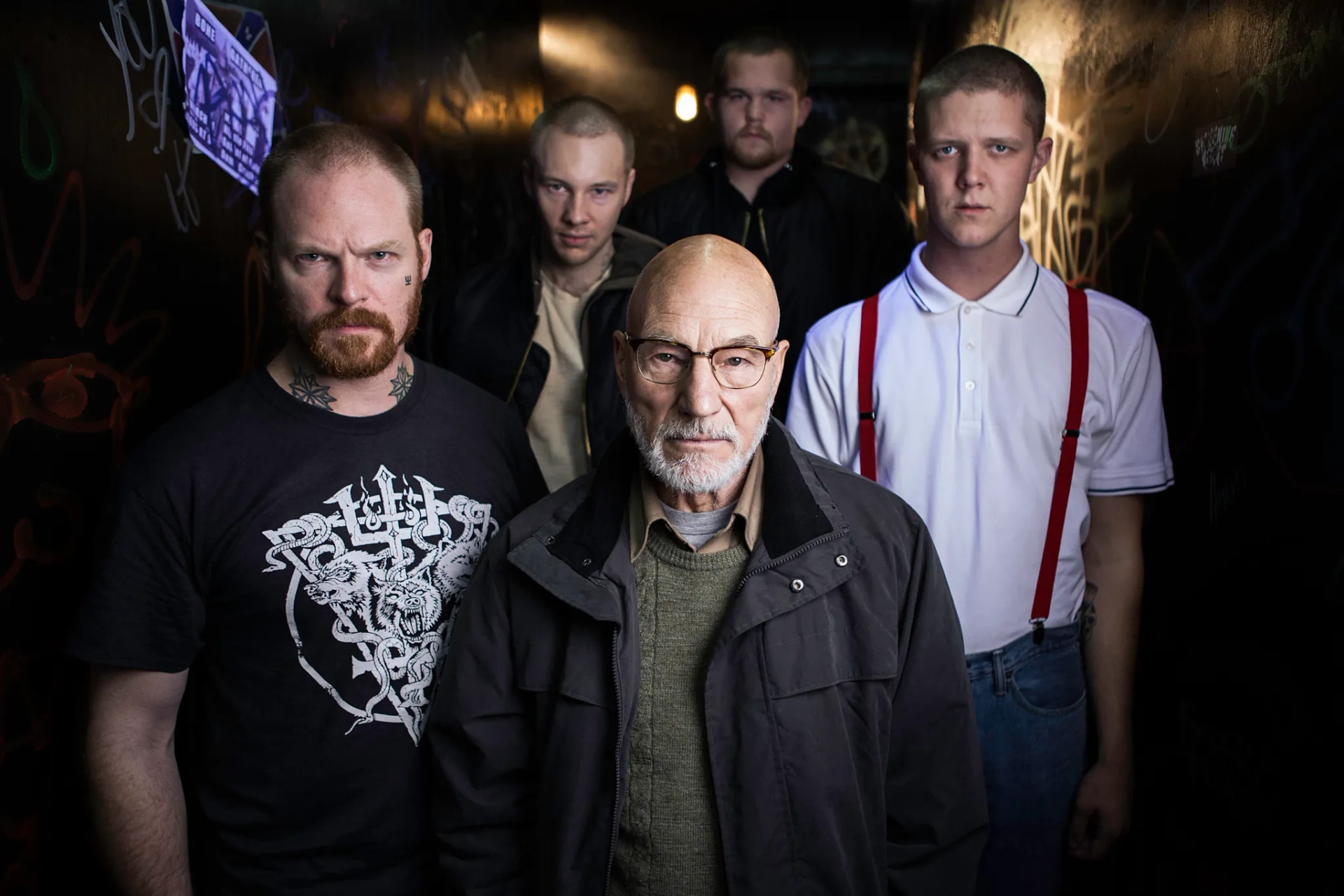 Patrick Stewart, Brent Werzner, Mason Knight, Samuel Summer, and Colton Ruscheinsky in Green Room (2015)