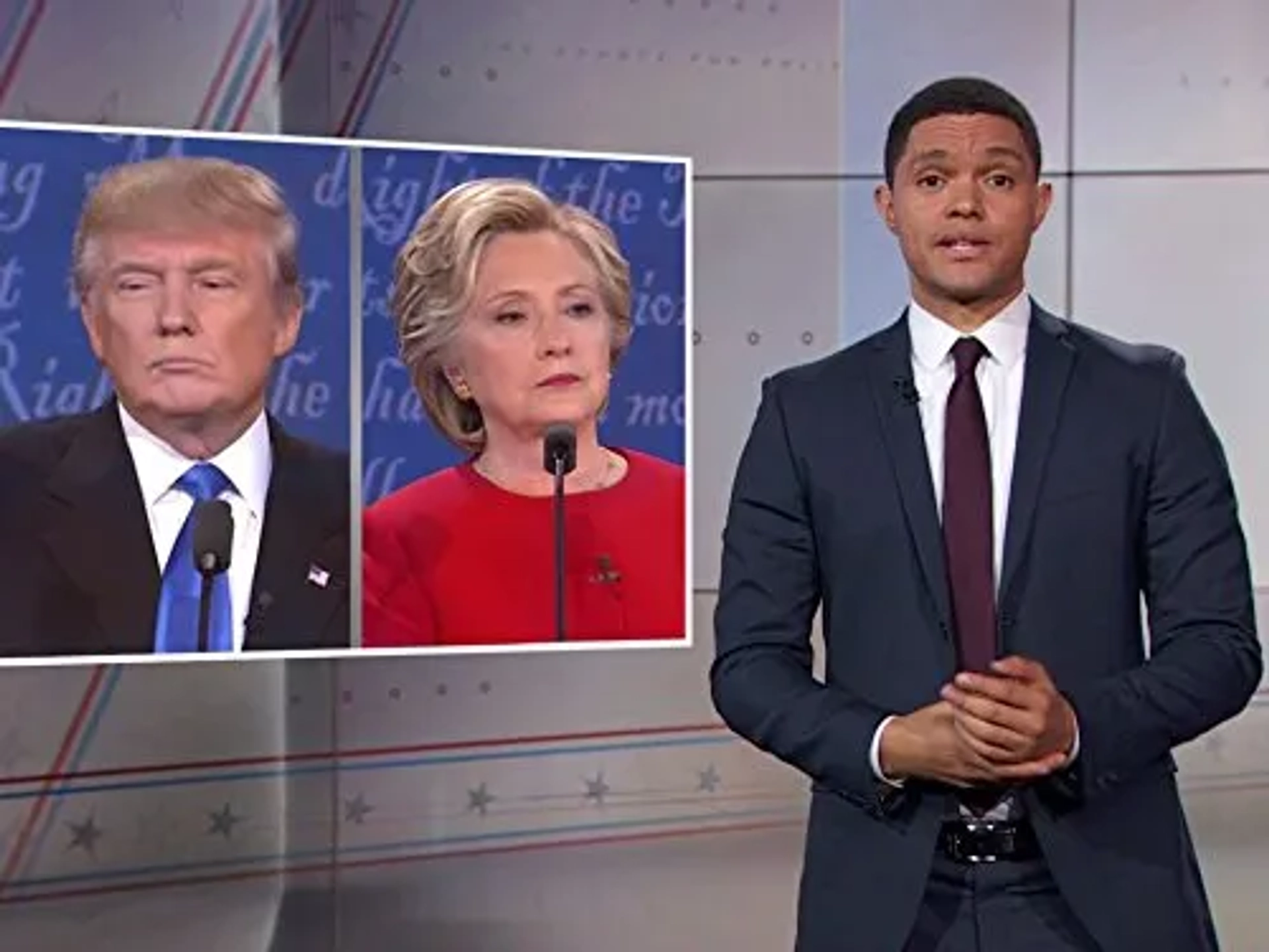 Hillary Clinton, Donald Trump, and Trevor Noah in The Daily Show (1996)