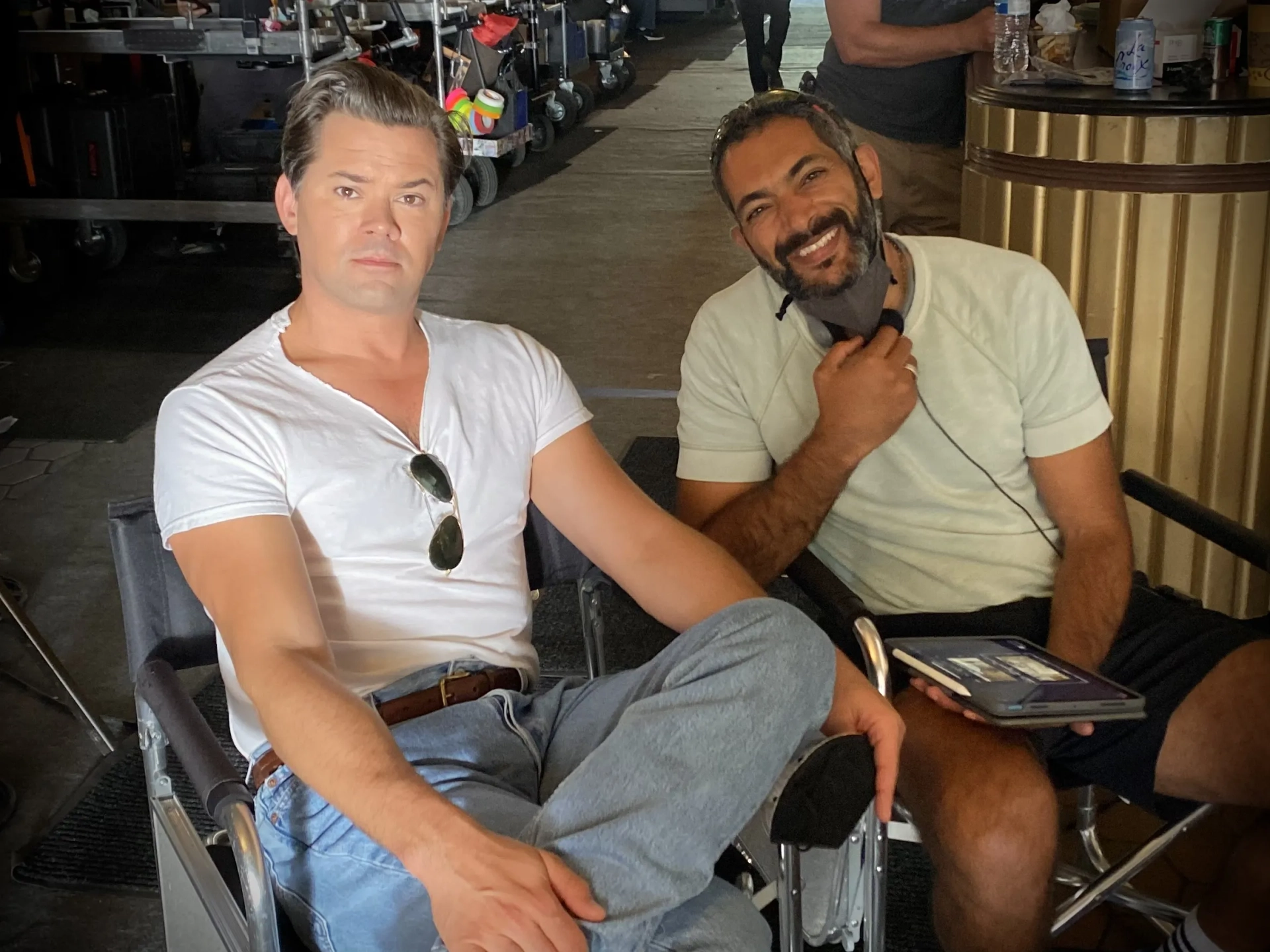 On the set of Welcome To Chippendales with Andrew Rannells