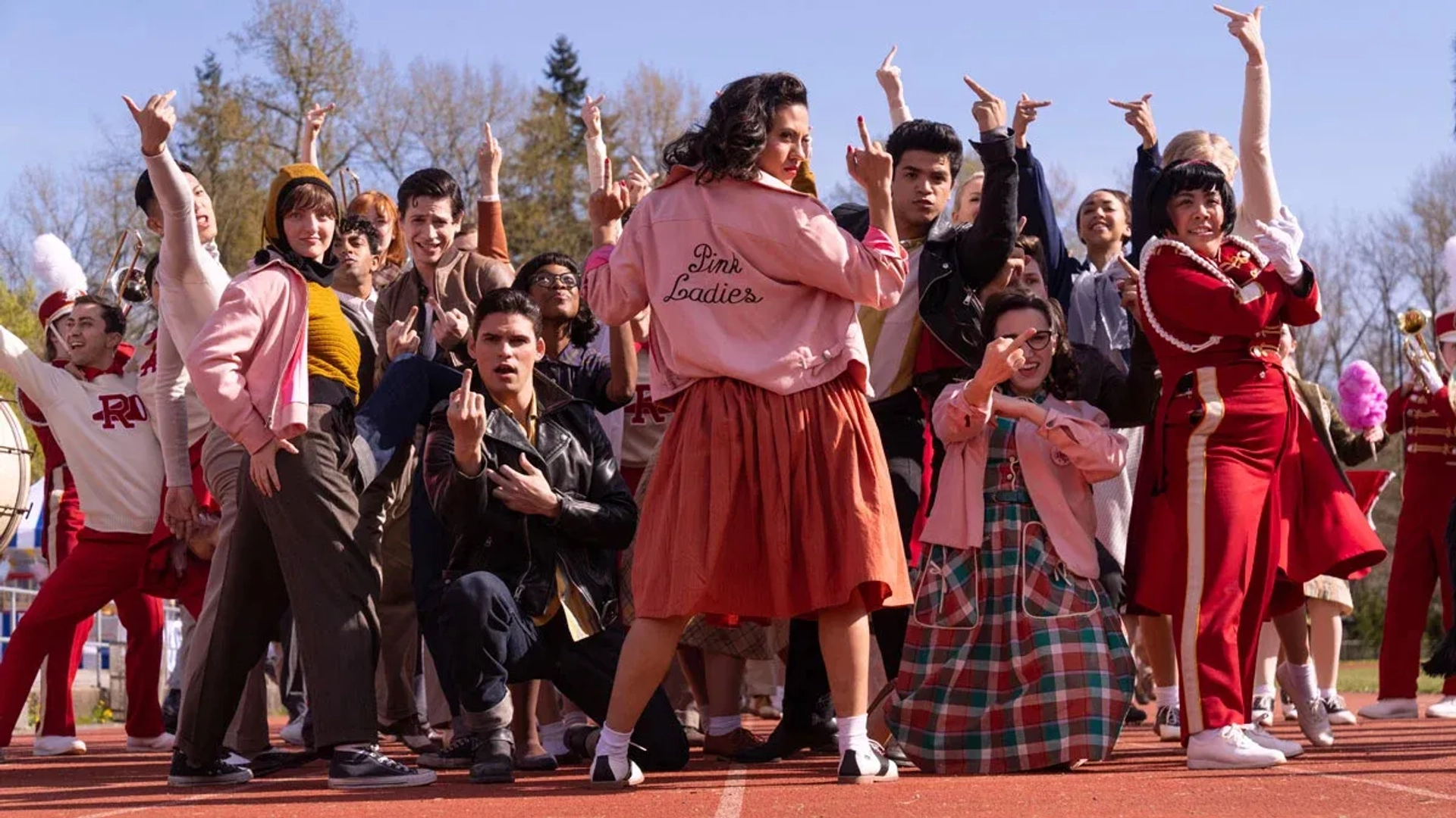 Nicholas McDonough, Cheyenne Isabel Wells, Shanel Bailey, Ari Notartomaso, Johnathan Nieves, Marisa Davila, and Alexis Sides in Grease: Rise of the Pink Ladies (2023)