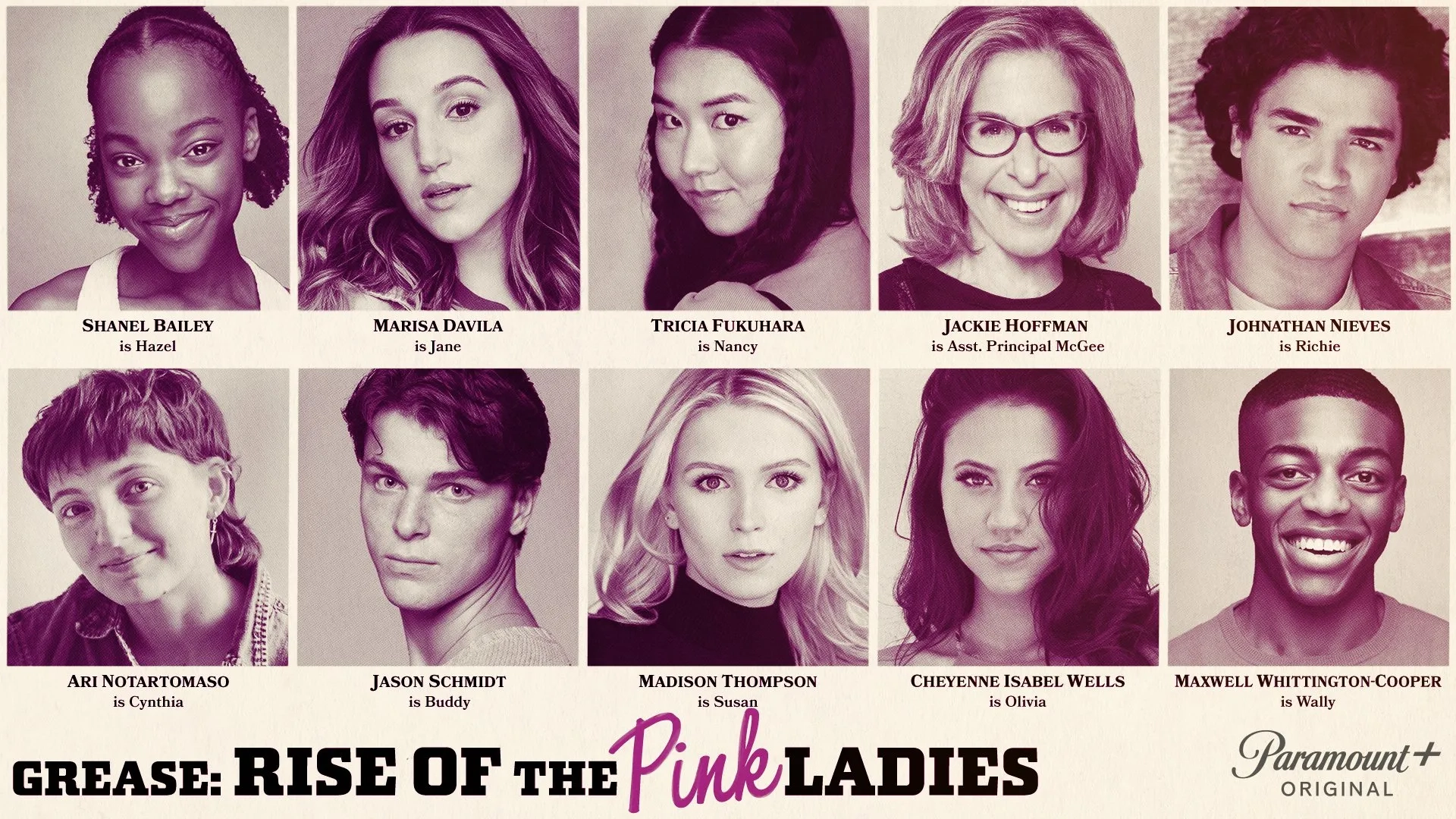 Jackie Hoffman, Cheyenne Isabel Wells, Shanel Bailey, Jason Schmidt, Ari Notartomaso, Tricia Fukuhara, Madison Thompson, Johnathan Nieves, Marisa Davila, and Maxwell Whittington-Cooper in Grease: Rise of the Pink Ladies (2023)