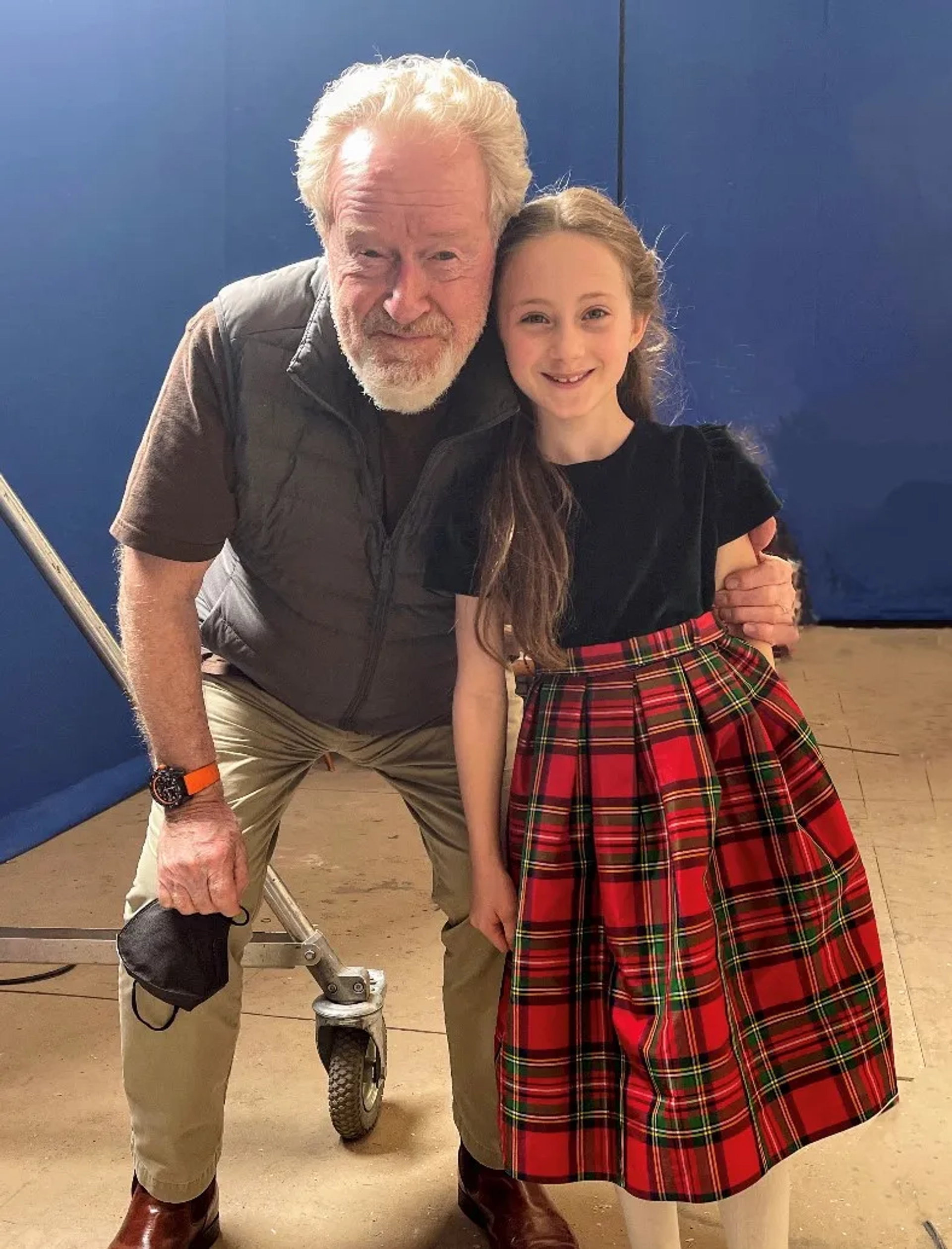 Ridley Scott and Mia McGovern Zaini on set of House of Gucci.