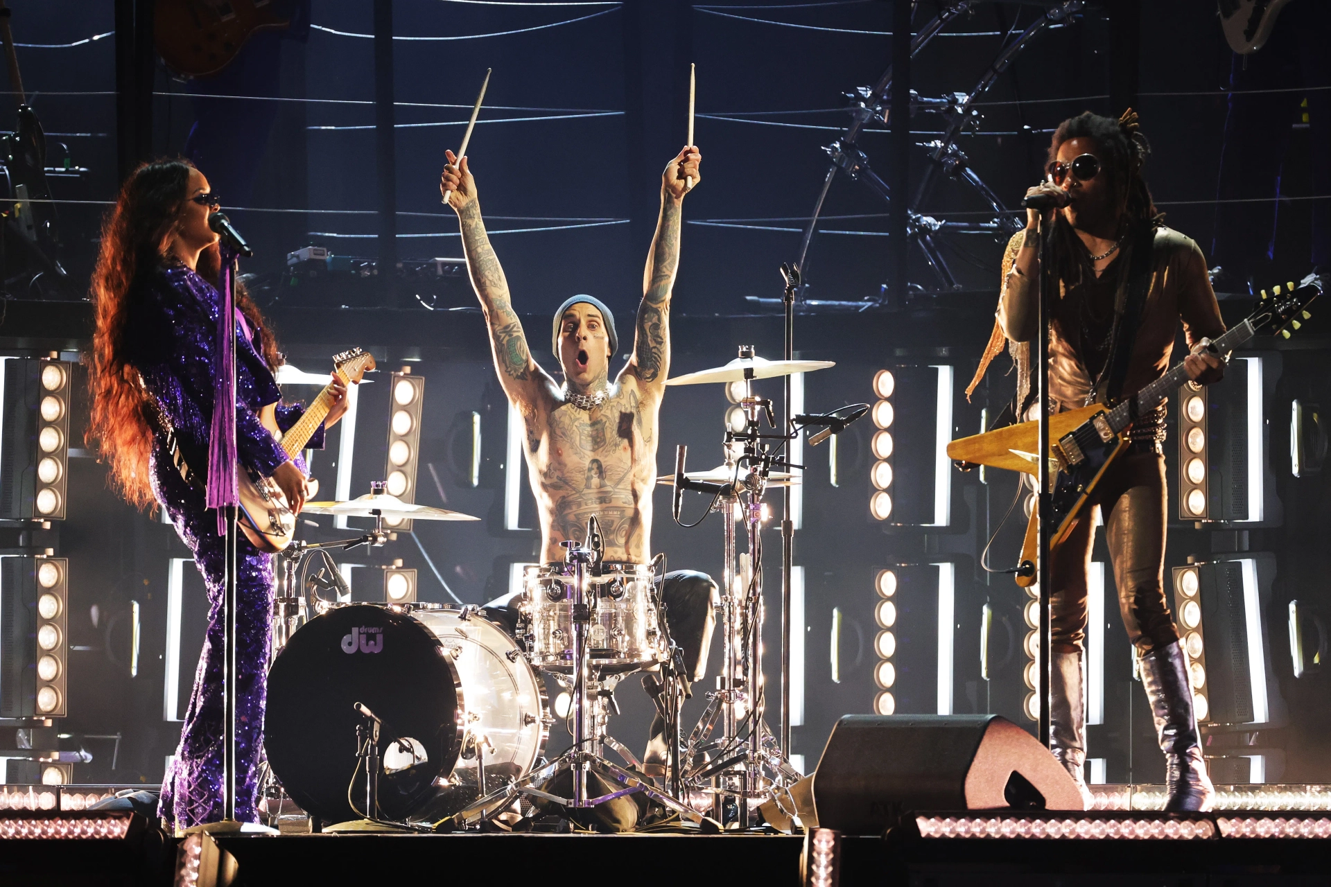 Lenny Kravitz, Travis Barker, and H.E.R. at an event for The 64th Annual Grammy Awards (2022)