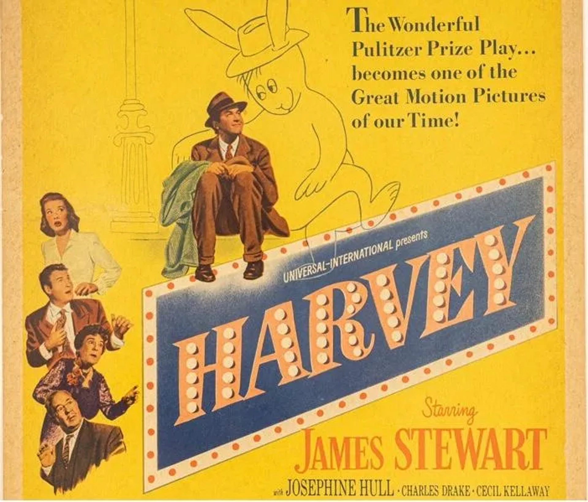 James Stewart, Peggy Dow, Charles Drake, Josephine Hull, Cecil Kellaway, and Harvey in Harvey (1950)