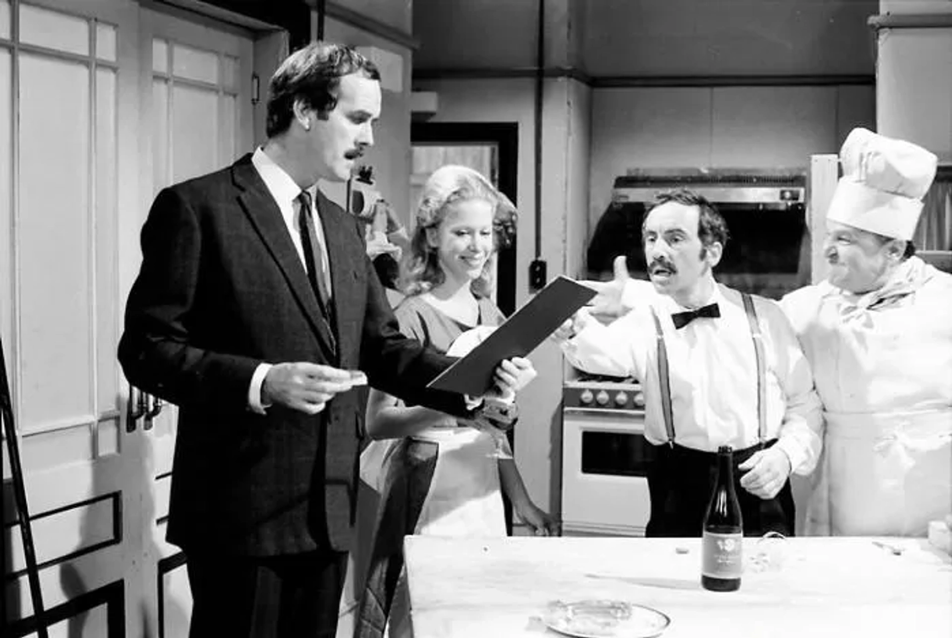 John Cleese, Connie Booth, Steve Plytas, and Andrew Sachs in Fawlty Towers (1975)