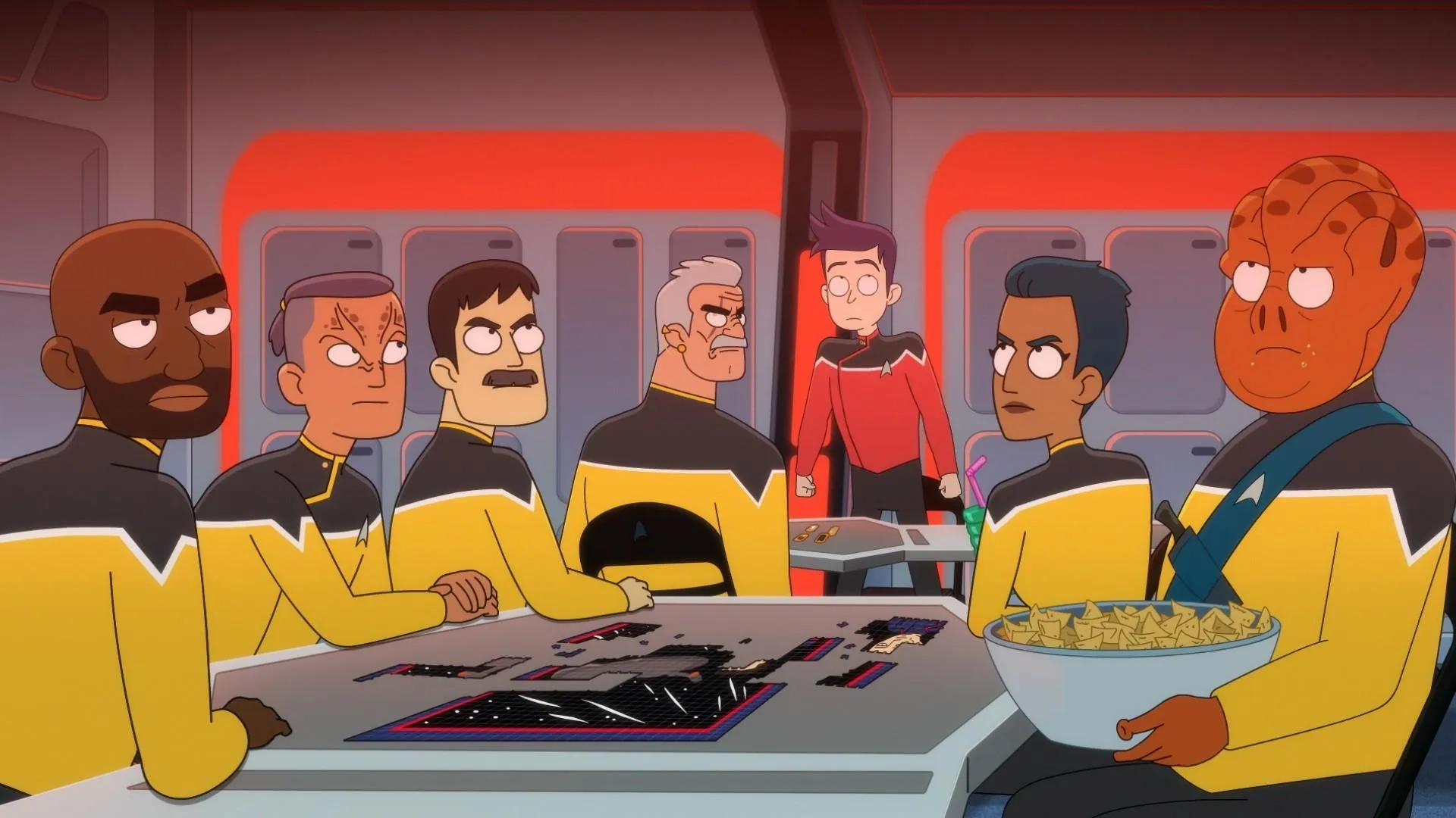 Fred Tatasciore, Carl Tart, Jack Quaid, and Gideon Adlon in Star Trek: Lower Decks: Empathological Fallacies (2023)