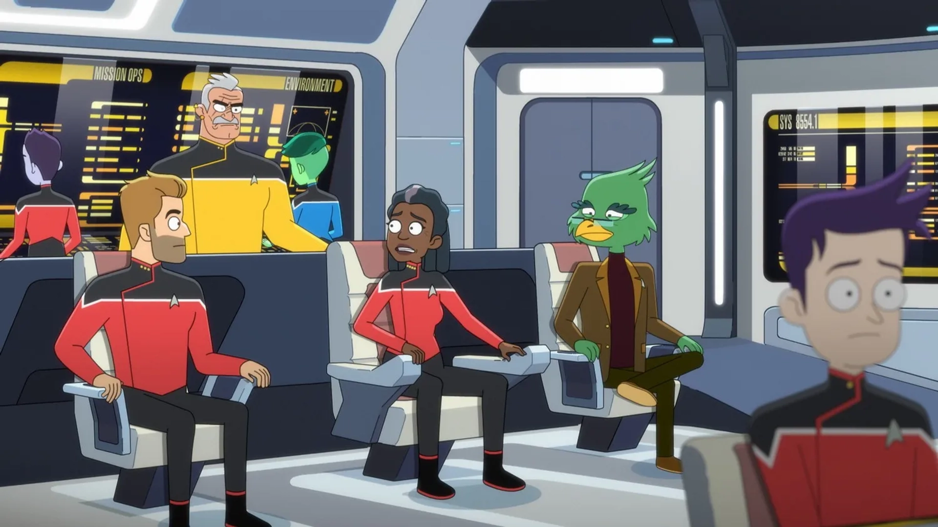 Jerry O'Connell, Paul F. Tompkins, Dawnn Lewis, Fred Tatasciore, Noël Wells, and Jack Quaid in Star Trek: Lower Decks: The Stars at Night (2022)