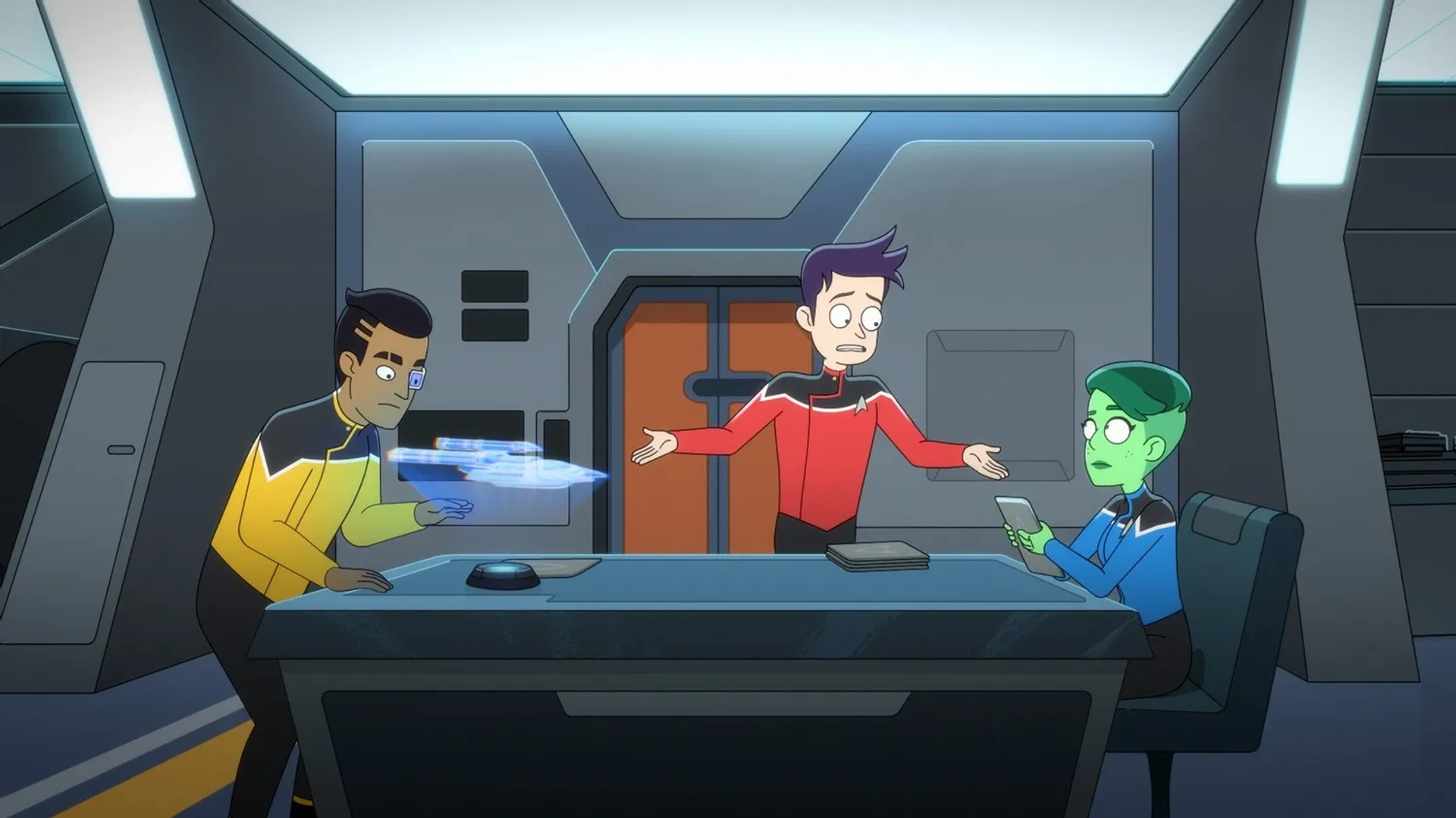 Eugene Cordero, Noël Wells, and Jack Quaid in Star Trek: Lower Decks: The Stars at Night (2022)