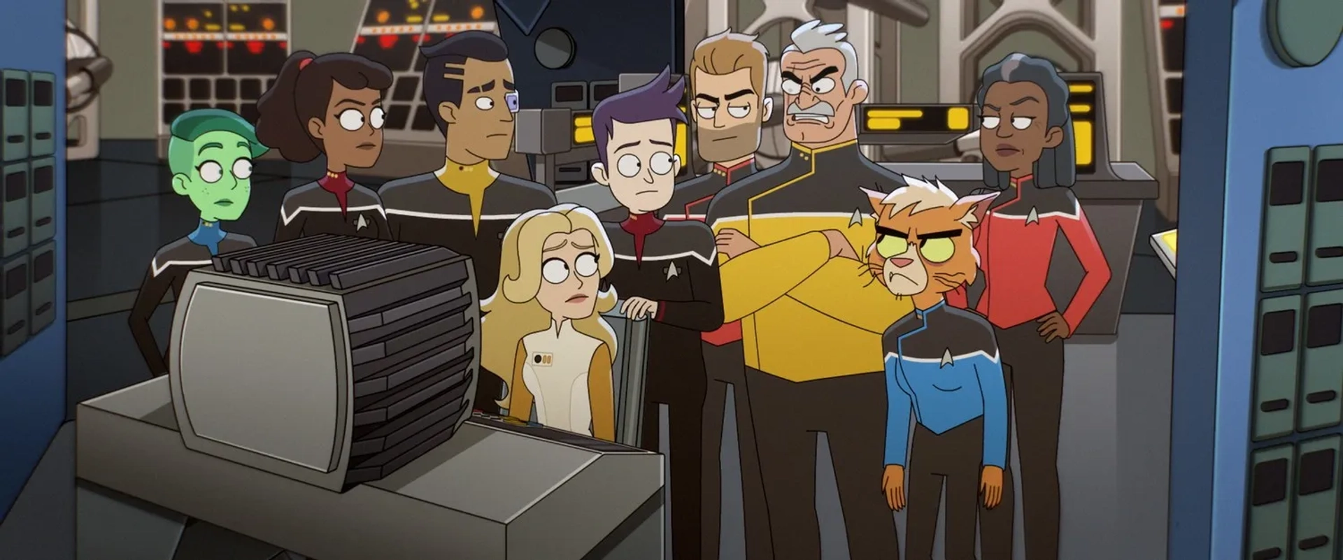 Jerry O'Connell, Dawnn Lewis, Fred Tatasciore, Gillian Vigman, Eugene Cordero, Noël Wells, Mary Holland, Jack Quaid, and Tawny Newsome in Star Trek: Lower Decks: Crisis Point 2: Paradoxus (2022)