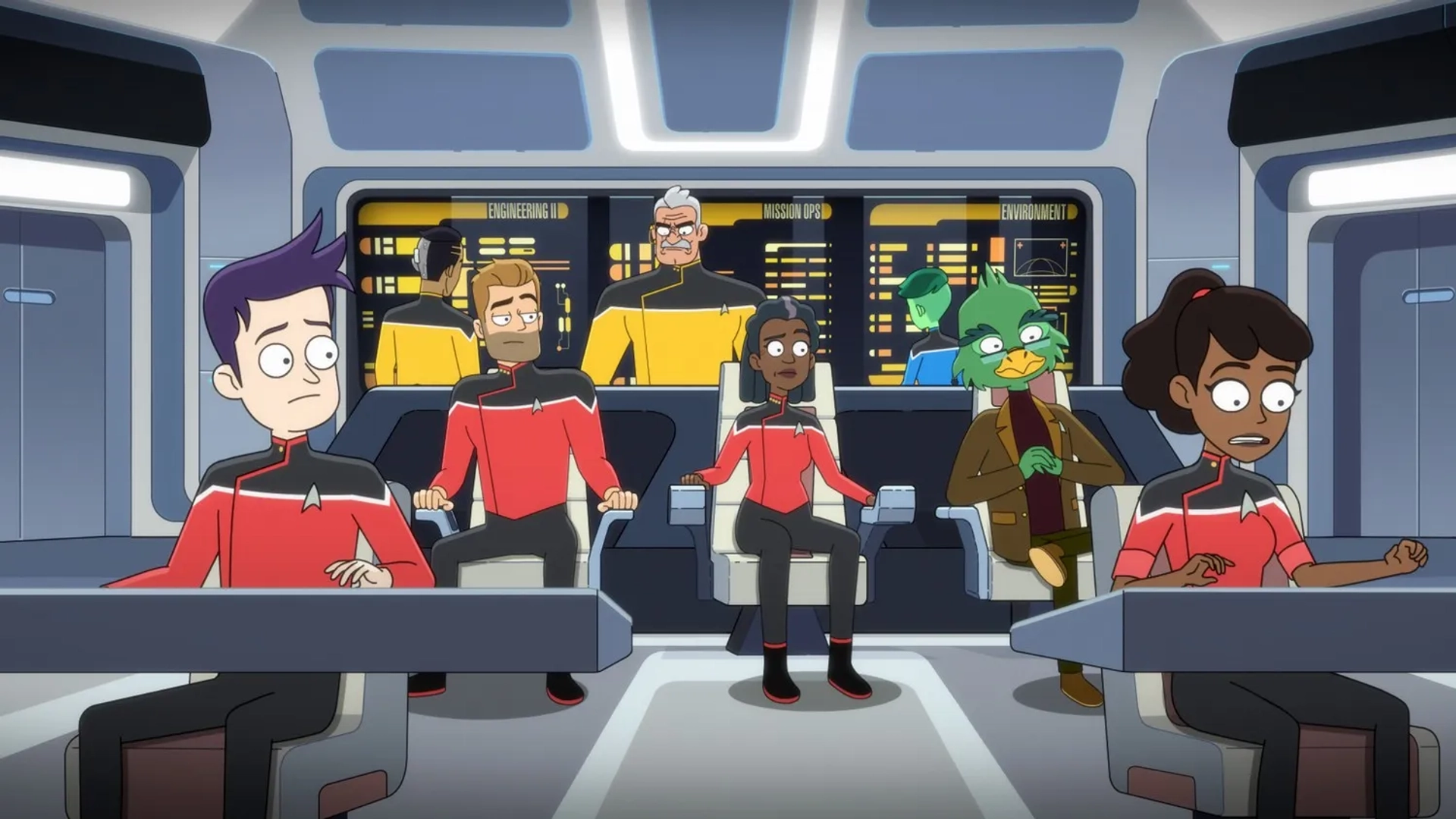 Jerry O'Connell, Paul F. Tompkins, Dawnn Lewis, Fred Tatasciore, Eugene Cordero, Noël Wells, Jack Quaid, and Tawny Newsome in Star Trek: Lower Decks: A Mathematically Perfect Redemption (2022)