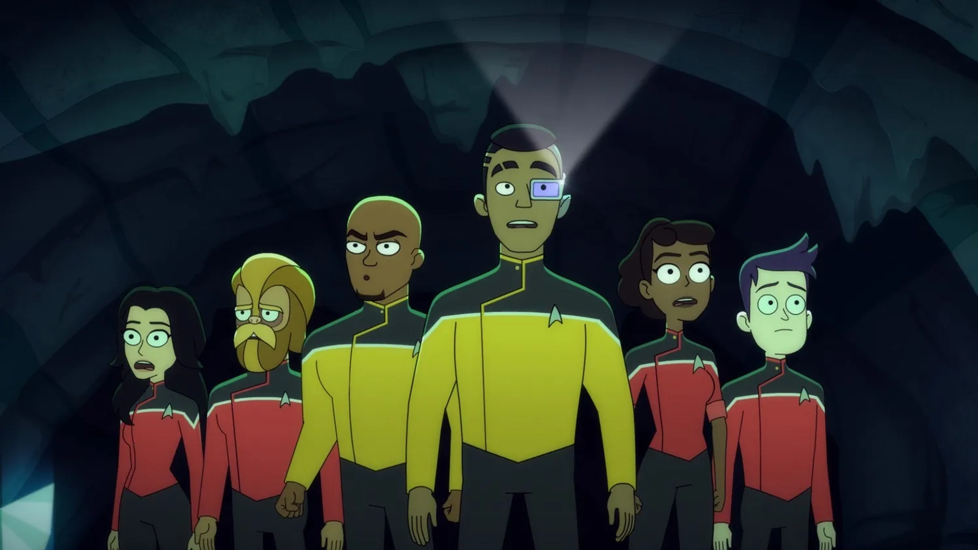 Paul F. Tompkins, Kari Wahlgren, Eugene Cordero, Carl Tart, Jack Quaid, and Tawny Newsome in Star Trek: Lower Decks: Mining the Mind's Mines (2022)