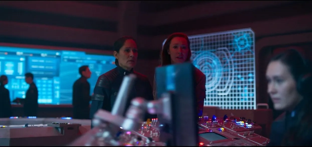 Sakina Jaffrey, Molly Parker, and Amelia Burstyn in Lost in Space (2018)