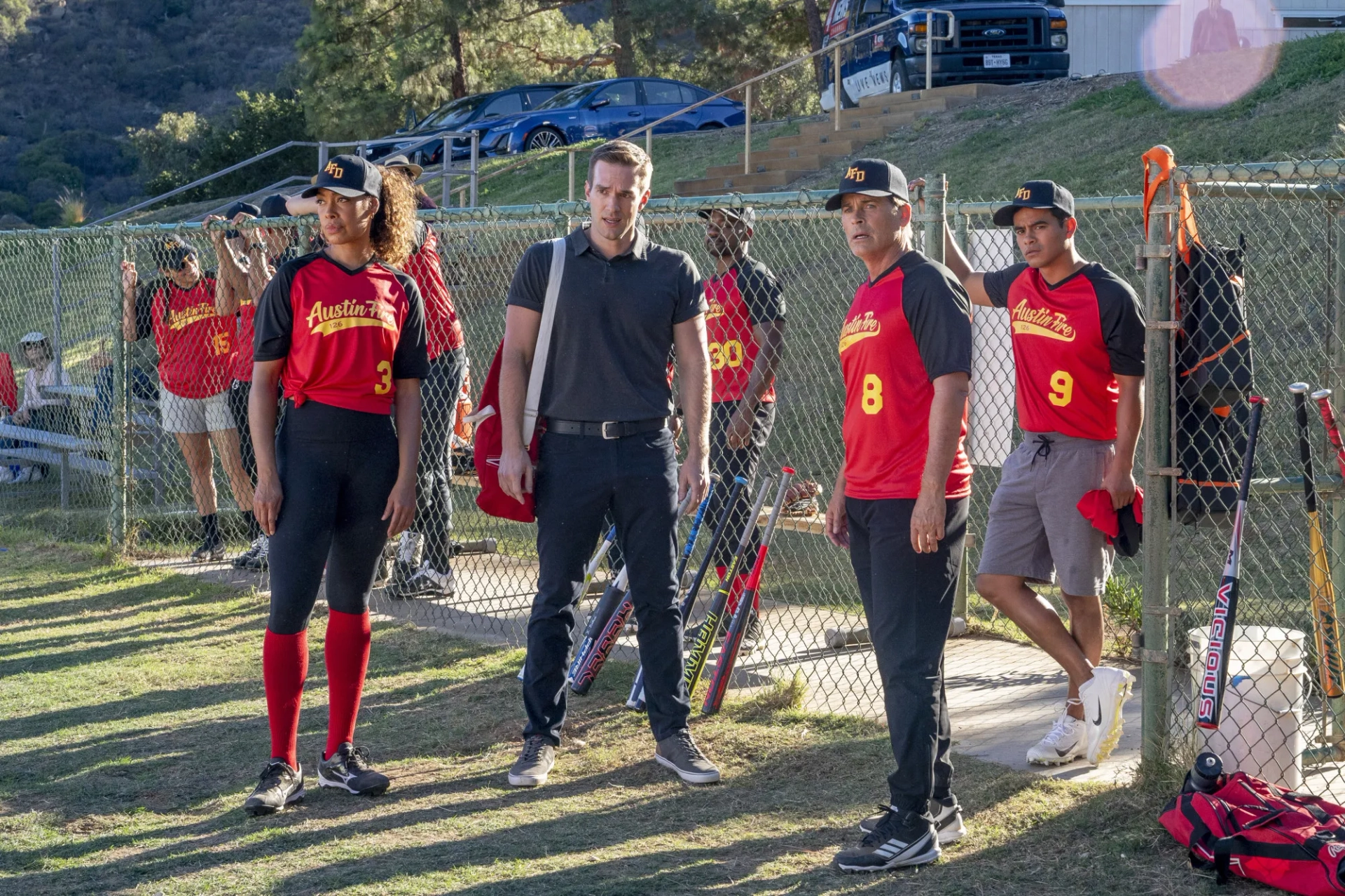 Rob Lowe, Gina Torres, Julian Works, and Andy Favreau in 9-1-1: Lone Star (2020)