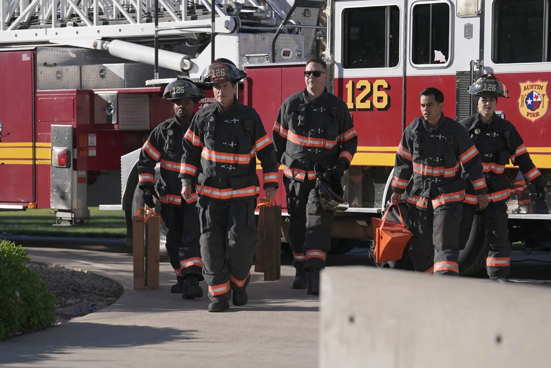 Rob Lowe, Jim Parrack, Julian Works, Brian Michael Smith, and Natacha Karam in 9-1-1: Lone Star (2020)