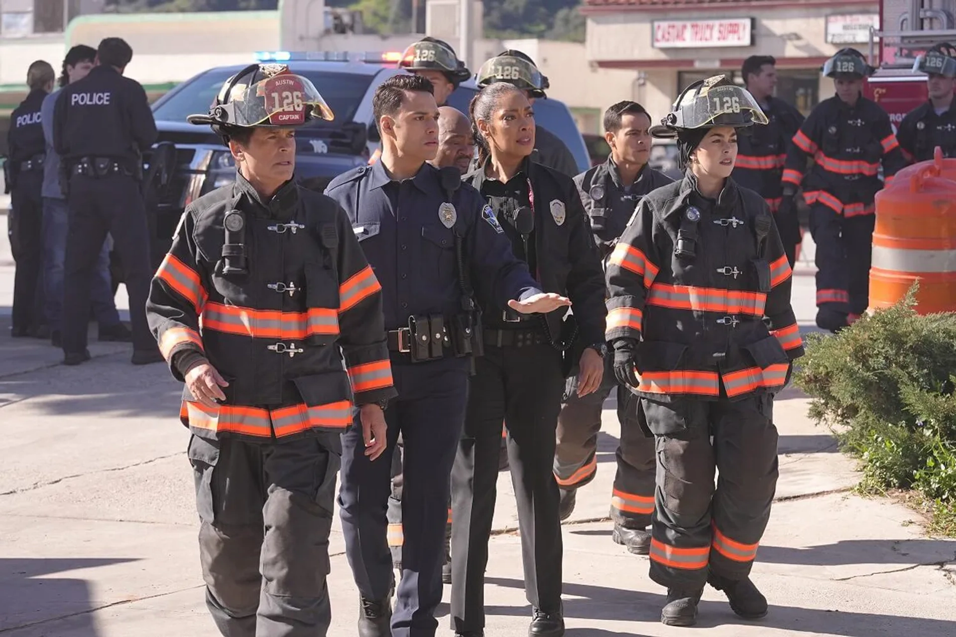 Rob Lowe, Gina Torres, Julian Works, Natacha Karam, and Rafael L. Silva in 9-1-1: Lone Star (2020)