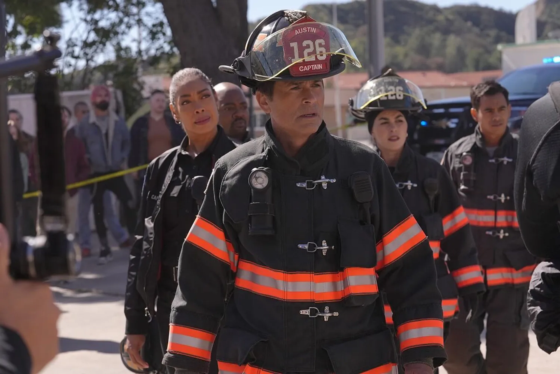 Rob Lowe, Gina Torres, Julian Works, and Natacha Karam in 9-1-1: Lone Star (2020)