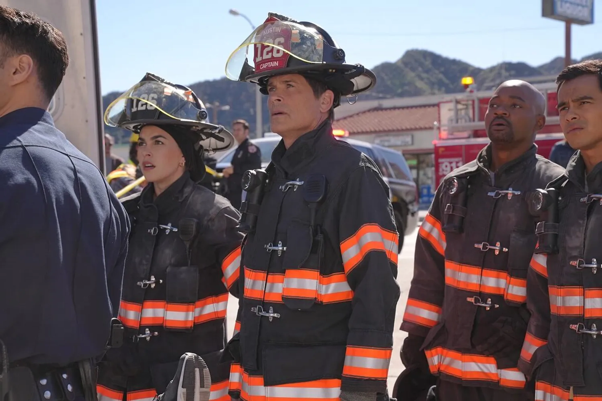 Rob Lowe, Julian Works, Brian Michael Smith, and Natacha Karam in 9-1-1: Lone Star (2020)