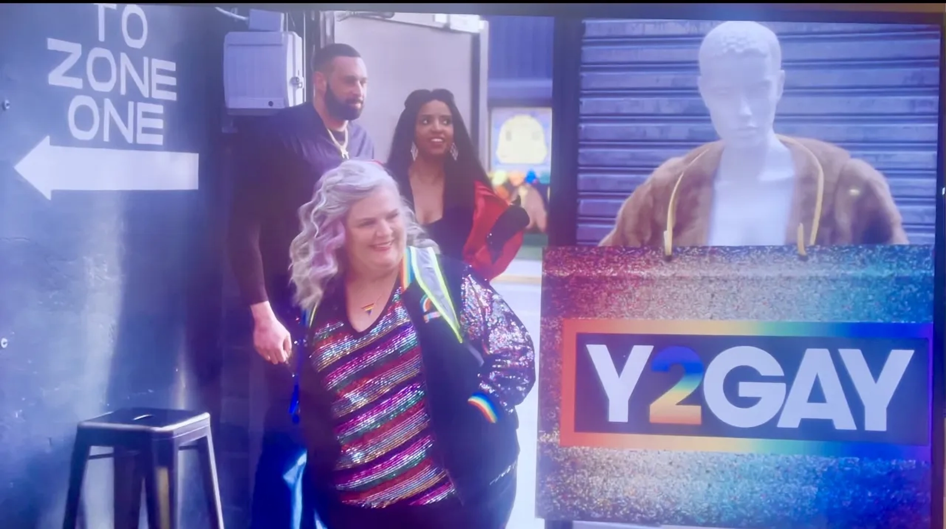 Renée Elise Goldsberry, Paula Pell, and Michael Joseph DiBenedetto Jr. in Girls5eva (2021)