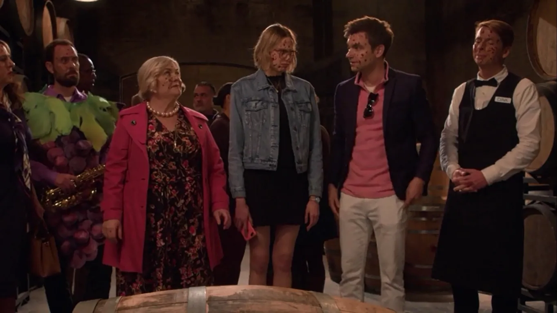 Paula Pell, Jack McBrayer, Drew Tarver, and Hayley Magnus in Mapleworth Murders (2020)