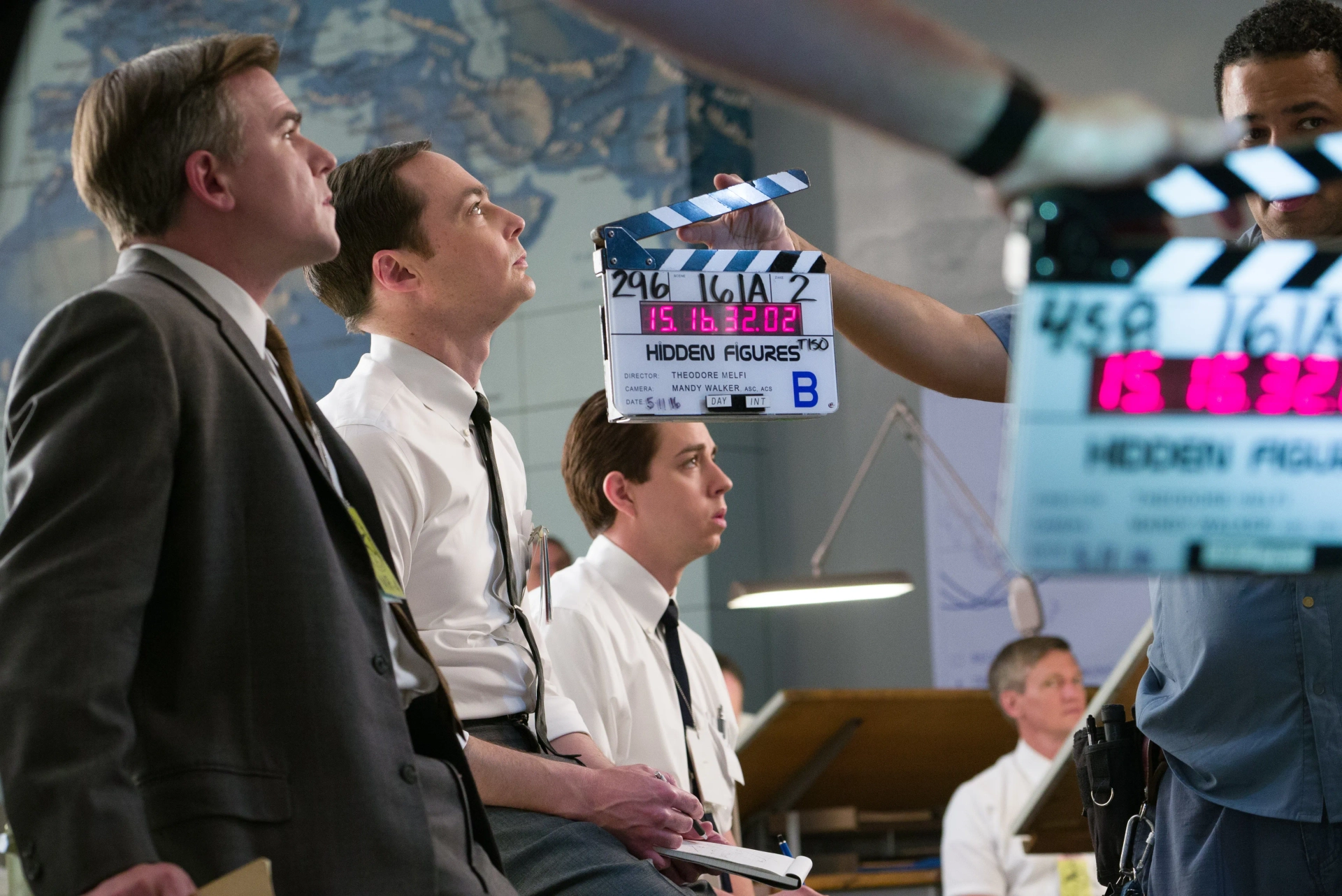 Cullen Moss, Jim Parsons, and Kurt Krause, about to roll, on the set of Hidden Figures