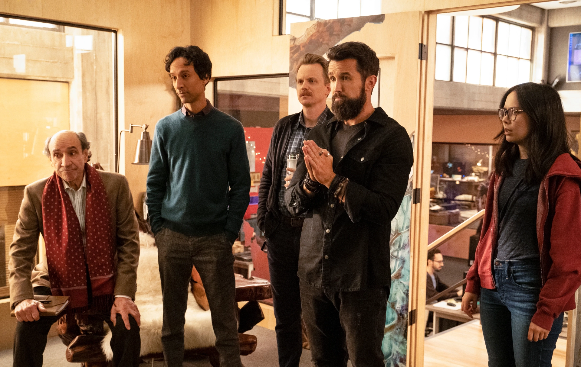 F. Murray Abraham, David Hornsby, Rob McElhenney, Charlotte Nicdao, and Danny Pudi in Mythic Quest (2020)