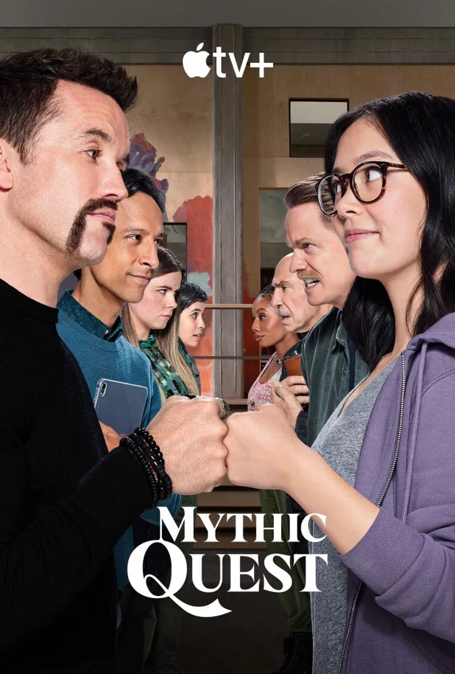 F. Murray Abraham, David Hornsby, Rob McElhenney, Charlotte Nicdao, Imani Hakim, Jessie Ennis, Danny Pudi, and Ashly Burch in Mythic Quest (2020)