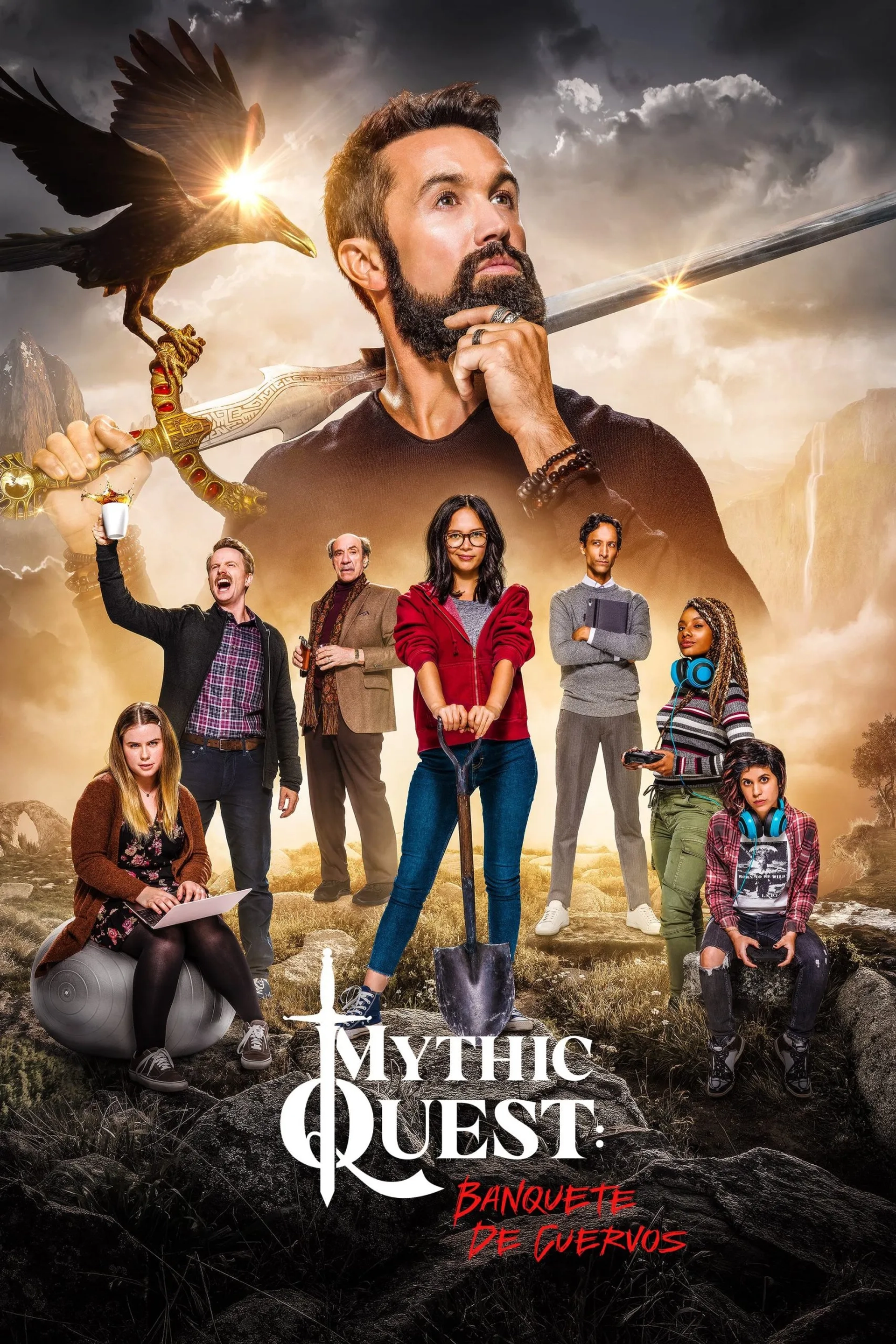 F. Murray Abraham, David Hornsby, Rob McElhenney, Charlotte Nicdao, Imani Hakim, Jessie Ennis, Danny Pudi, and Ashly Burch in Mythic Quest (2020)