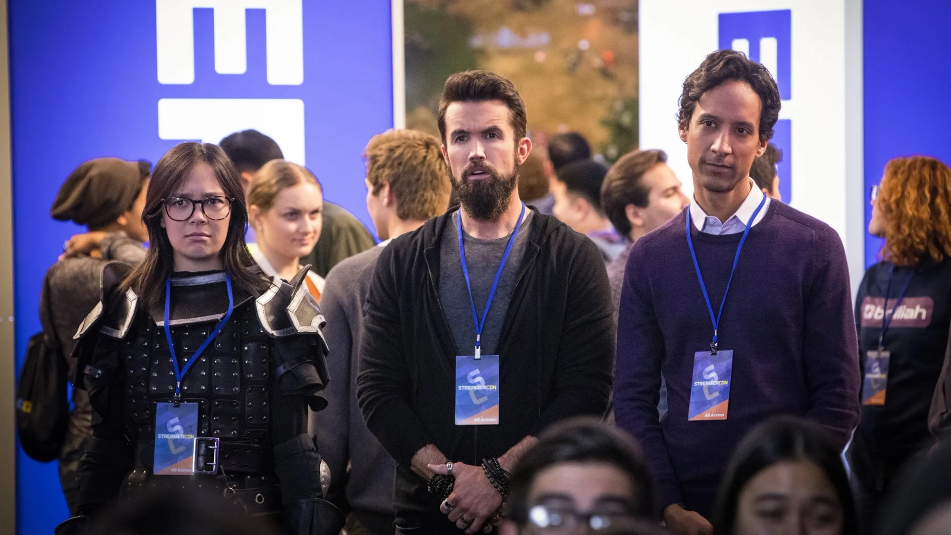 Rob McElhenney, Charlotte Nicdao, and Danny Pudi in Mythic Quest: The Convention (2020)