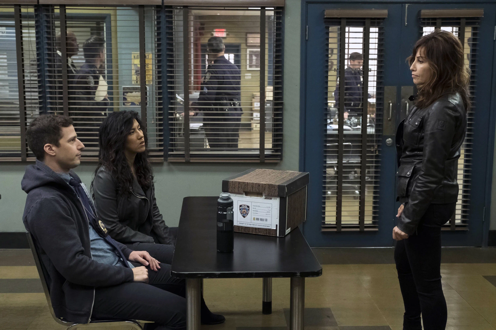 Gina Gershon, Andy Samberg, and Stephanie Beatriz in Brooklyn Nine-Nine (2013)