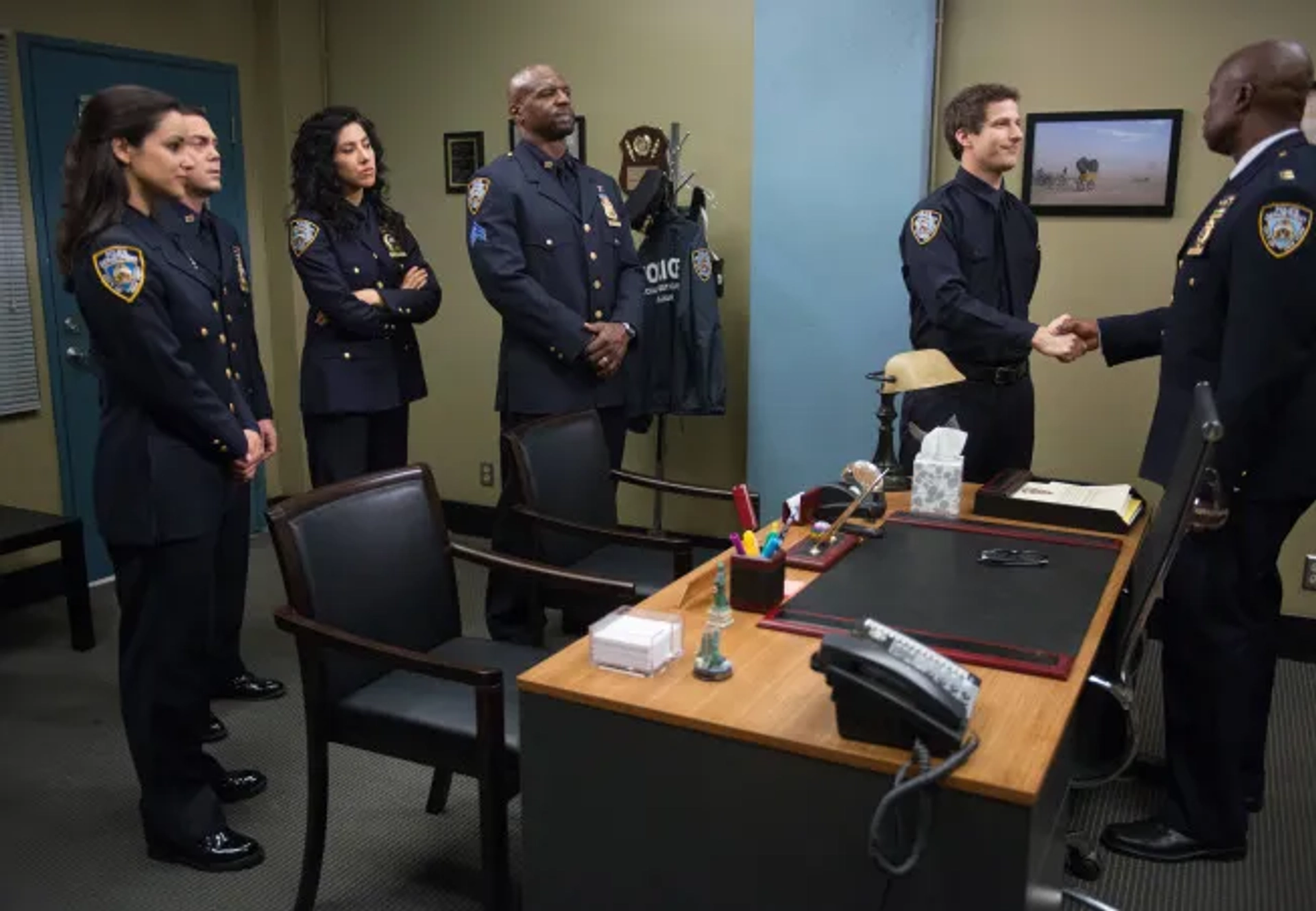 Andre Braugher, Terry Crews, Melissa Fumero, Joe Lo Truglio, Andy Samberg, and Stephanie Beatriz in Brooklyn Nine-Nine (2013)