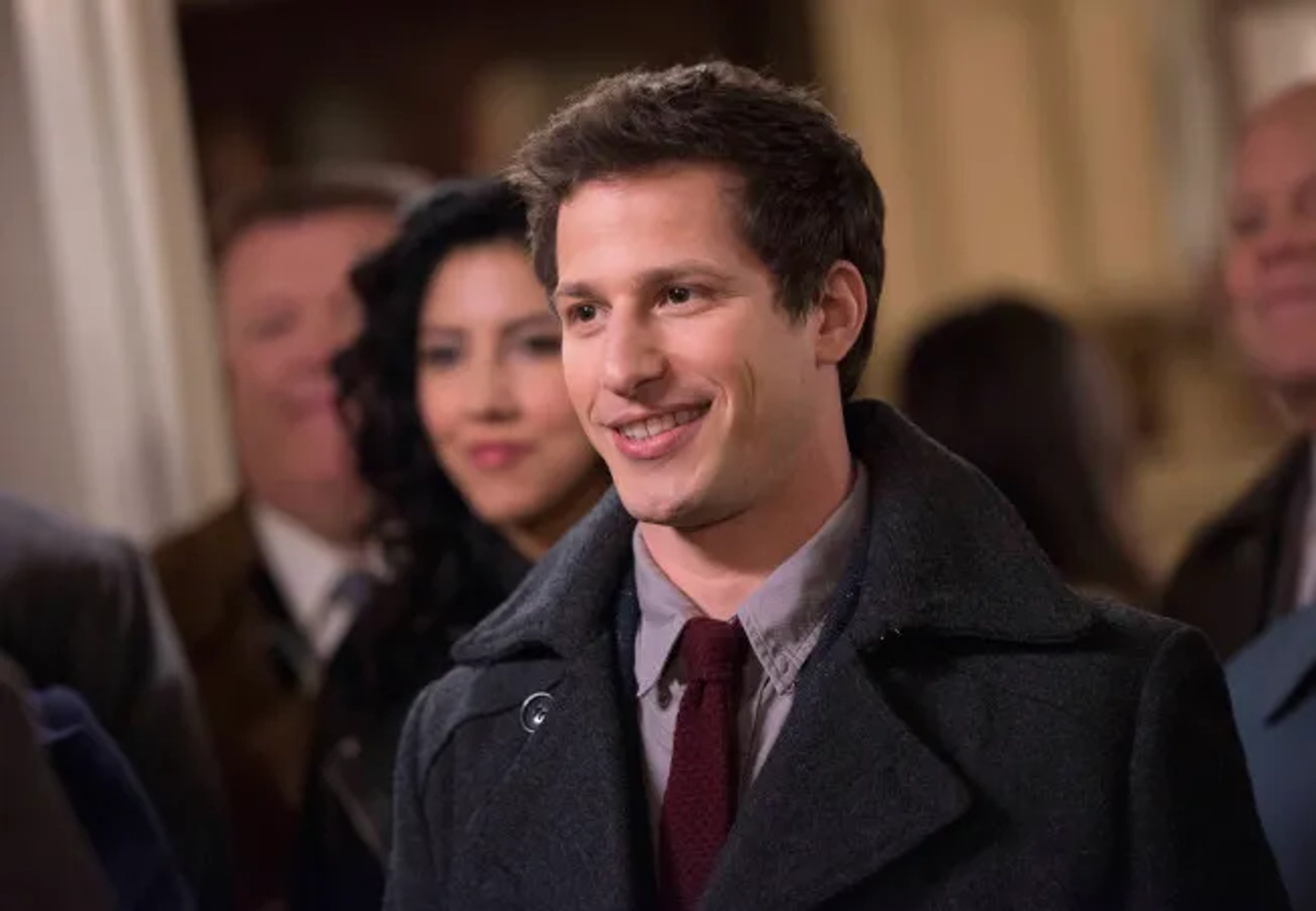 Dirk Blocker, Joel McKinnon Miller, Andy Samberg, and Stephanie Beatriz in Brooklyn Nine-Nine (2013)