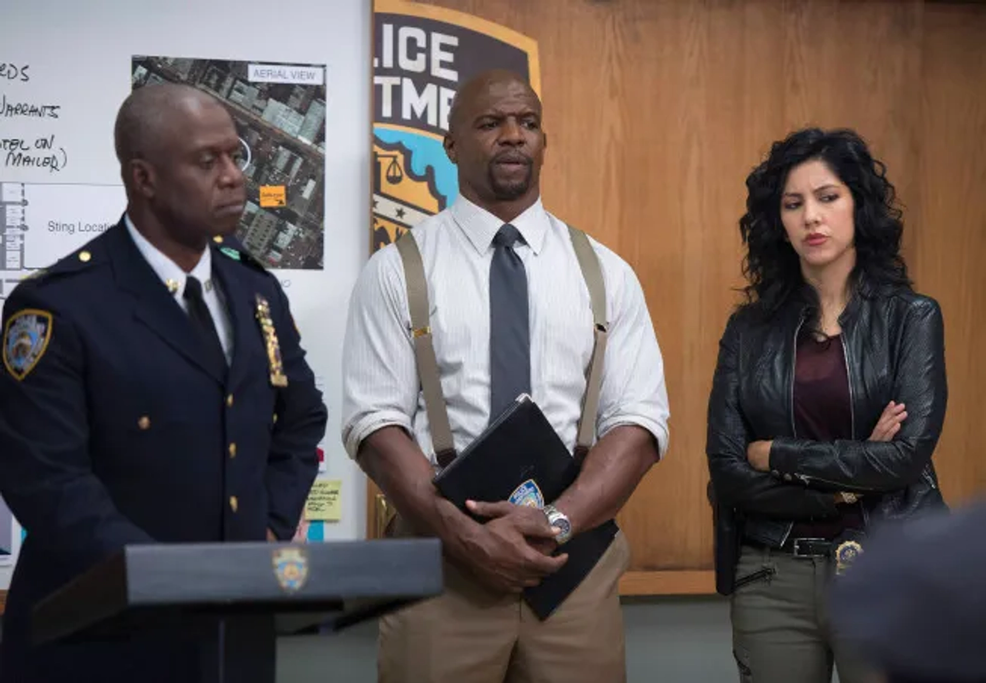 Andre Braugher, Terry Crews, and Stephanie Beatriz in Brooklyn Nine-Nine (2013)