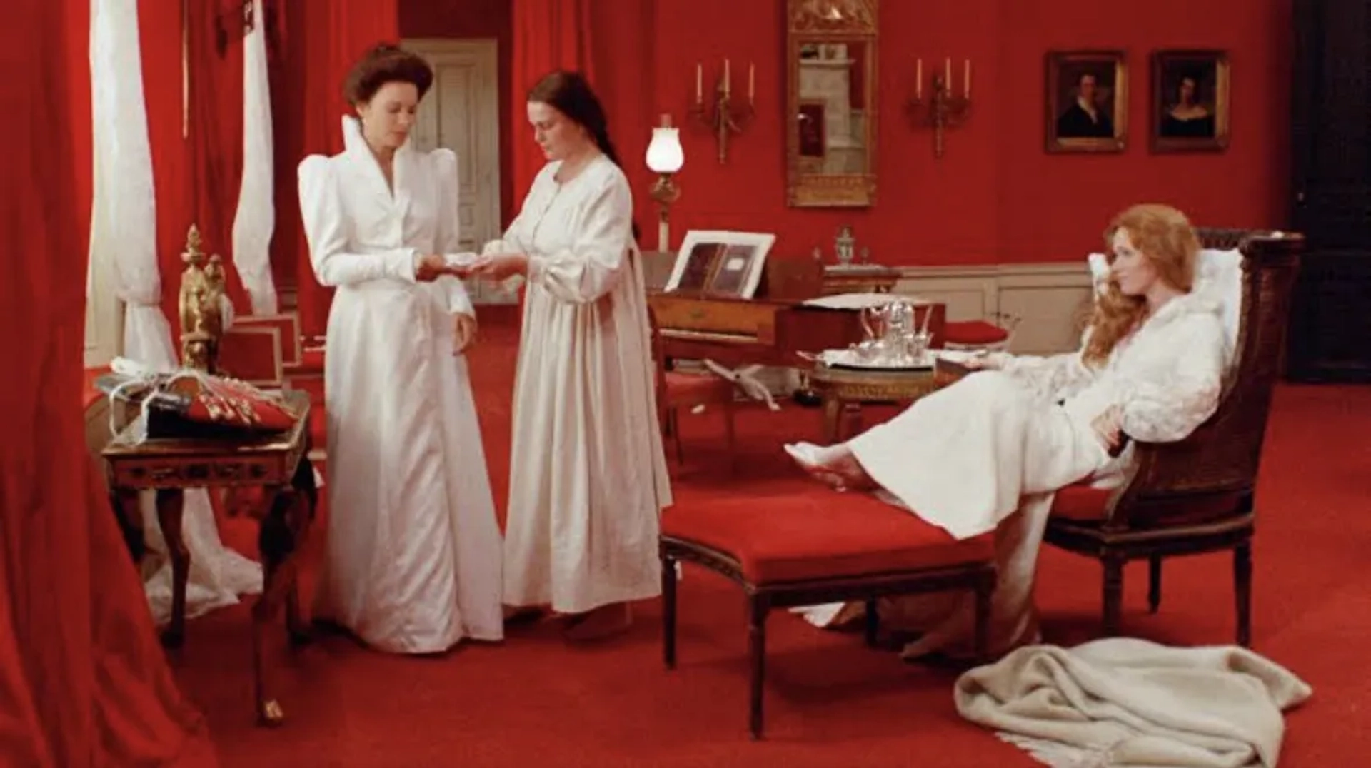 Kari Sylwan, Ingrid Thulin, and Liv Ullmann in Cries & Whispers (1972)