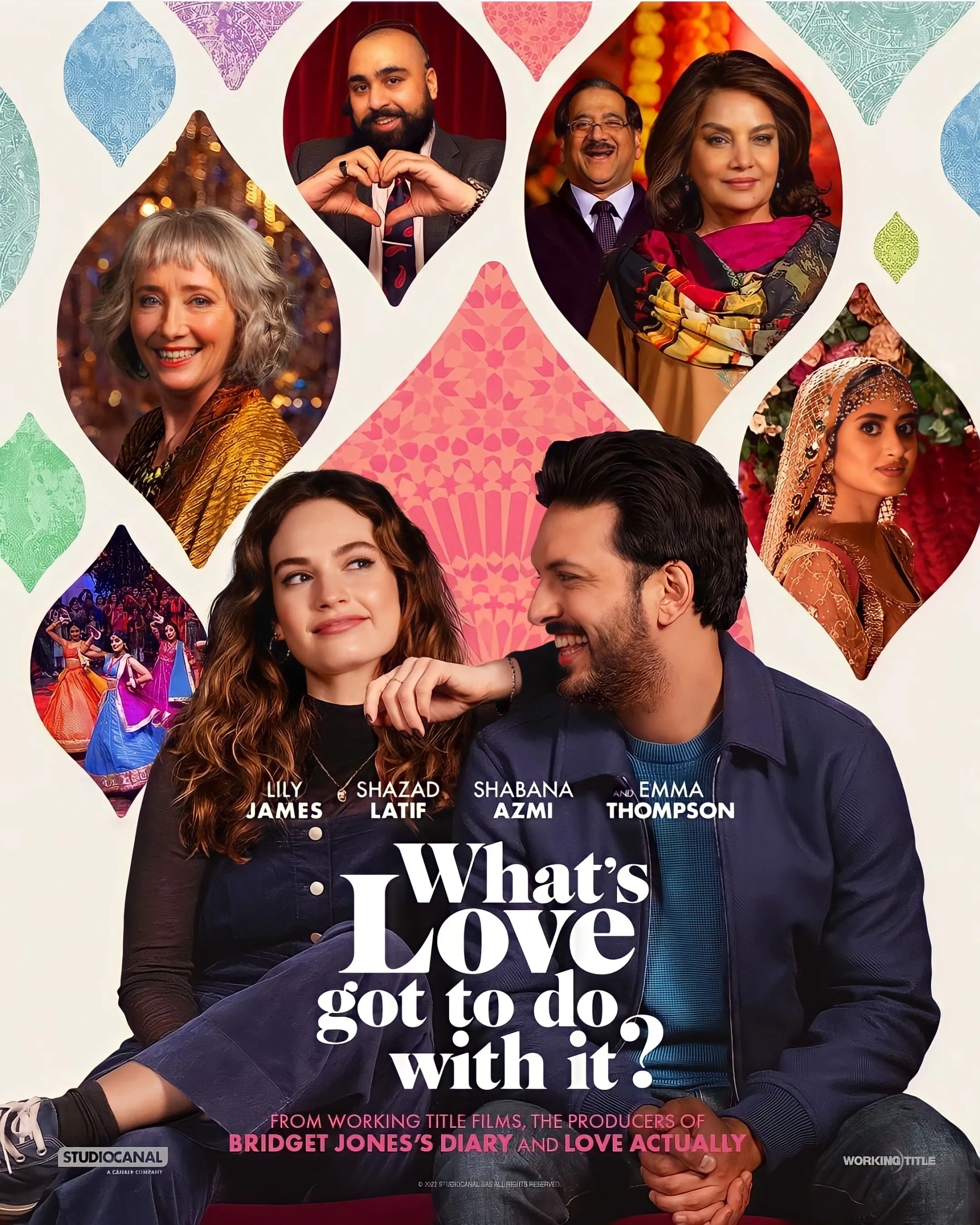 Emma Thompson, Shabana Azmi, Shazad Latif, Lily James, Asim Chaudhry, and Sajal Ali in What's Love Got to Do with It? (2022)