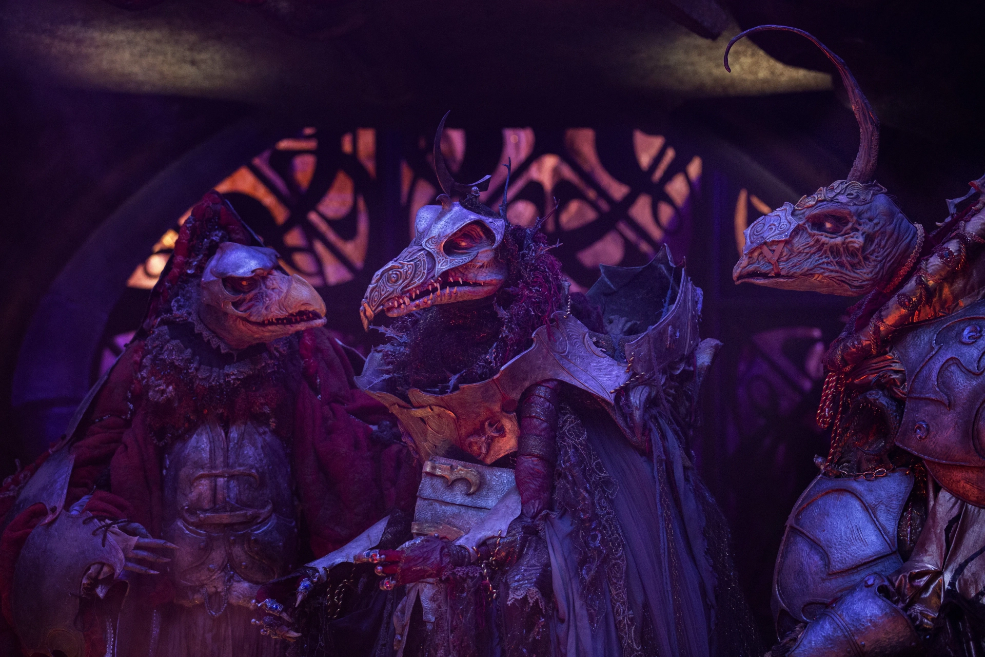 Jason Isaacs, Simon Pegg, Victor Yerrid, Keegan-Michael Key, Dave Chapman, and Warrick Brownlow-Pike in The Dark Crystal: Age of Resistance (2019)