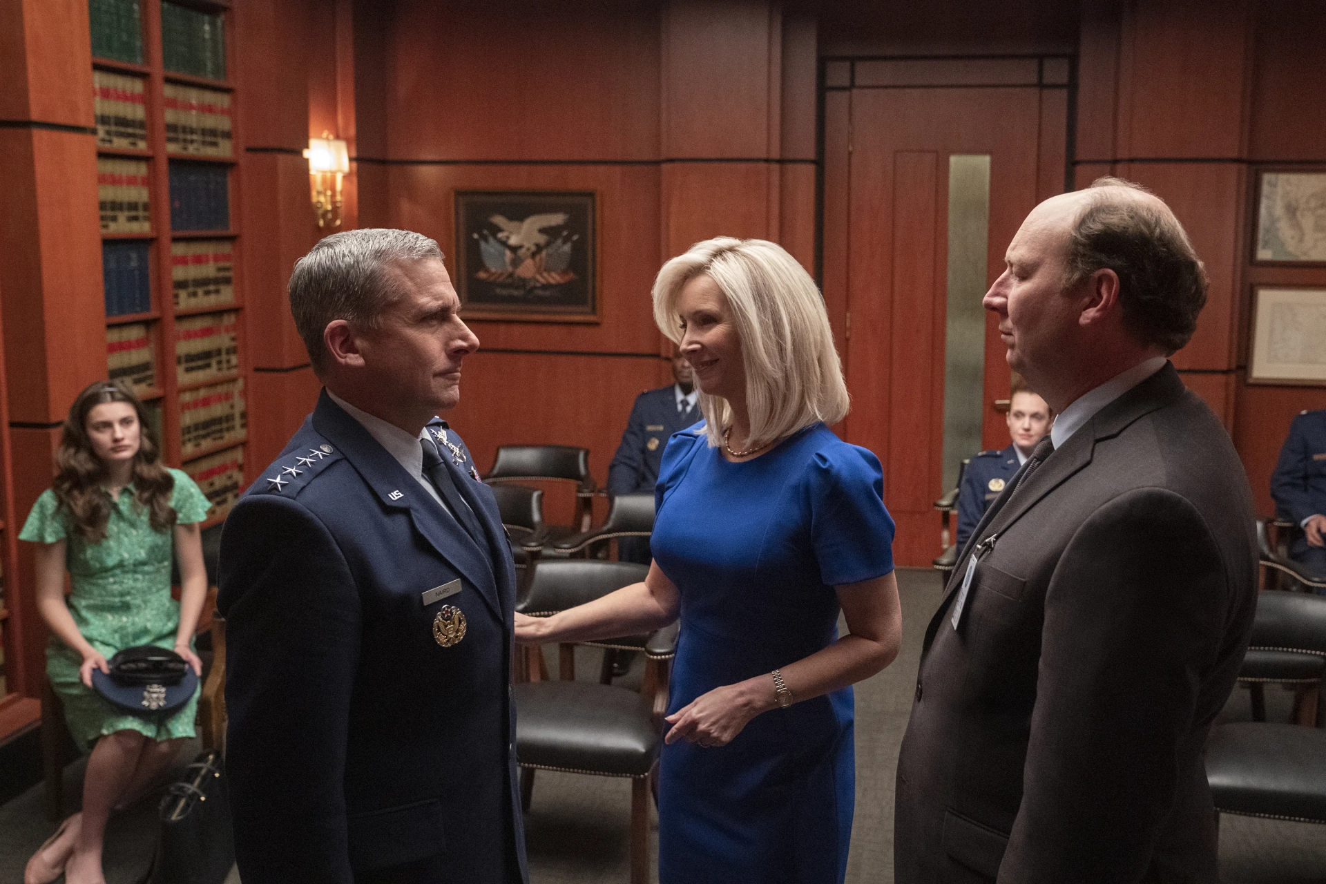 Lisa Kudrow, Steve Carell, Dan Bakkedahl, and Diana Silvers in Space Force: The Launch (2020)