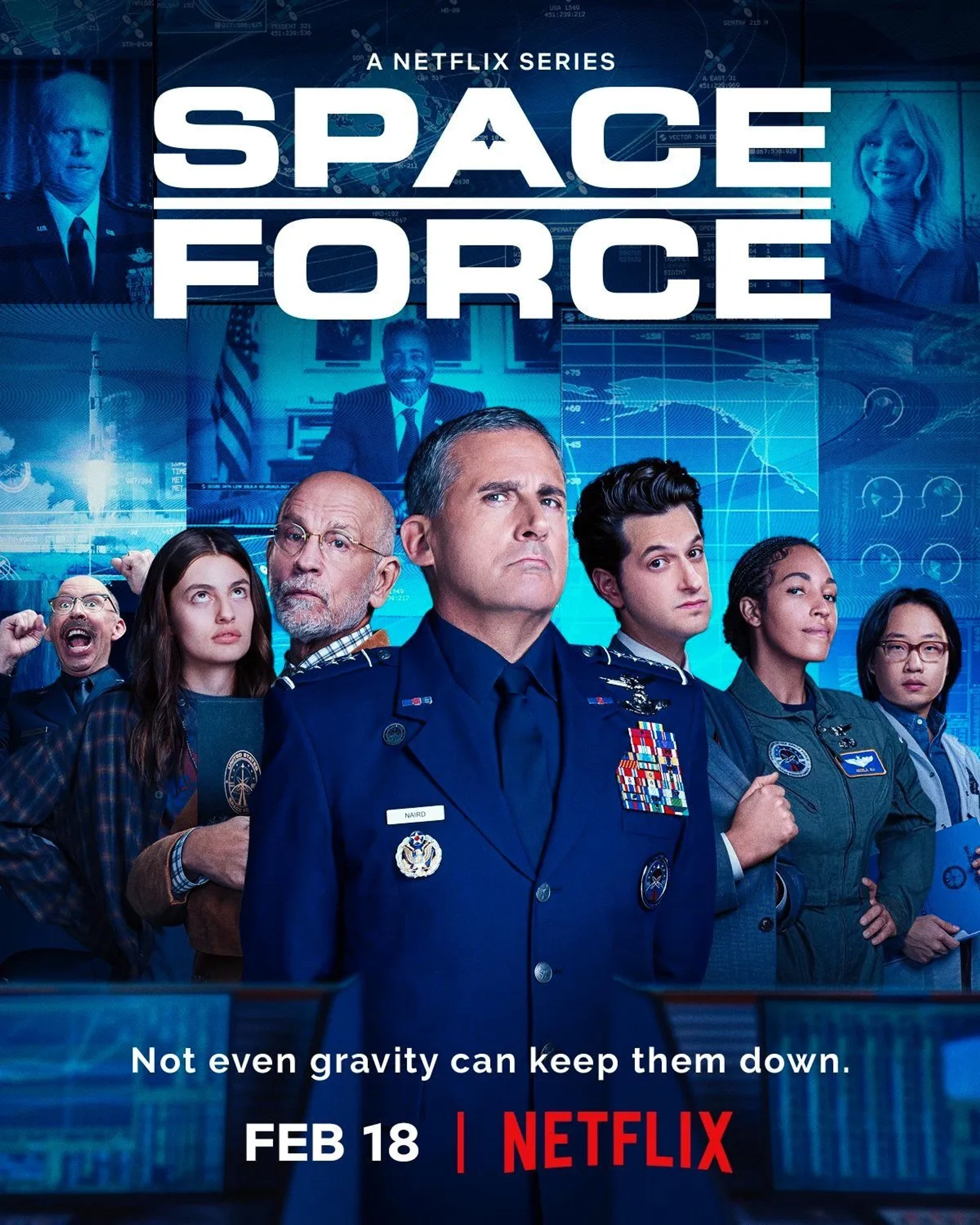 John Malkovich, Steve Carell, Don Lake, Ben Schwartz, Jimmy O. Yang, Tawny Newsome, and Diana Silvers in Space Force (2020)